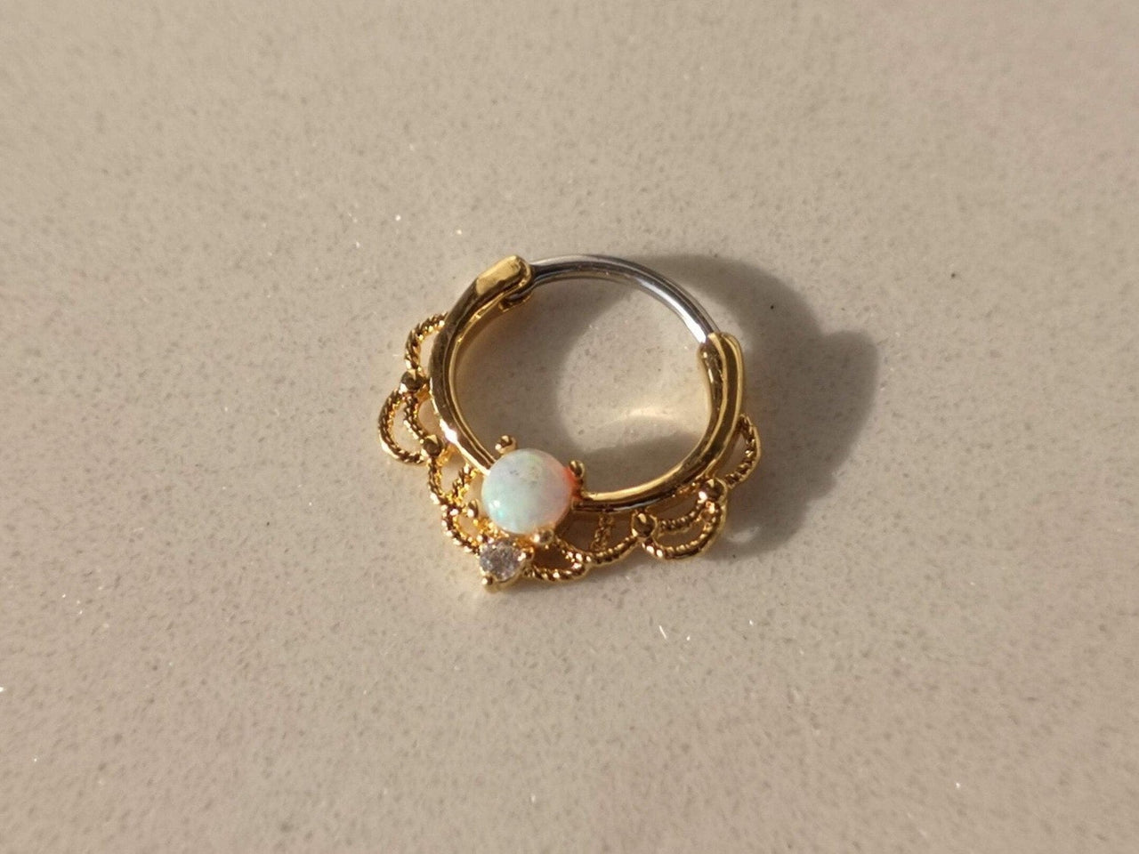 Gold Lace Septum Clicker Ring with White Opal