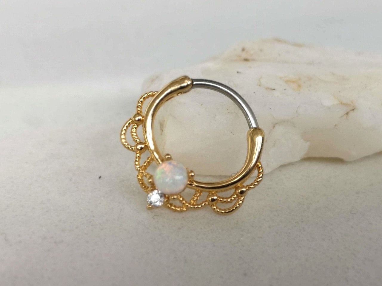 Gold Lace Septum Clicker Ring with White Opal