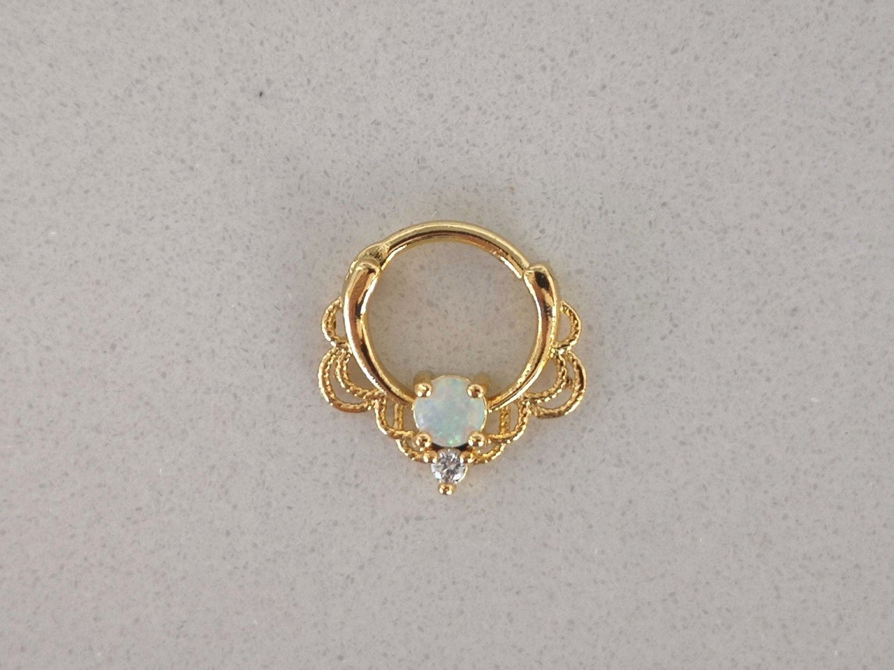 Gold Lace Septum Clicker Ring with White Opal