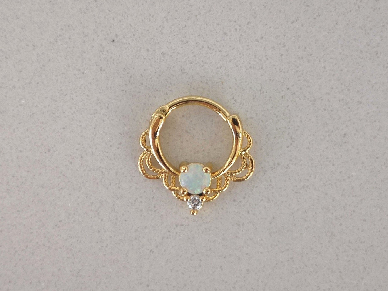 Gold Lace Septum Clicker Ring with White Opal - 15% OFF