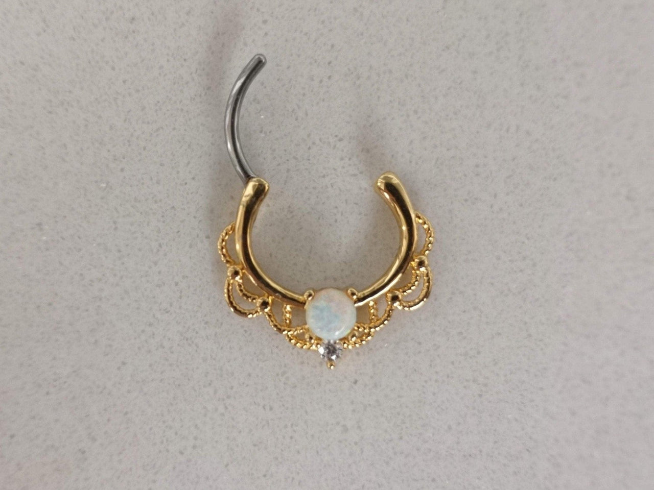 Gold Lace Septum Clicker Ring with White Opal