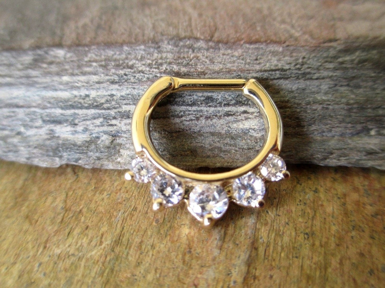 Gold Septum Clicker Ring with 5 Crystals