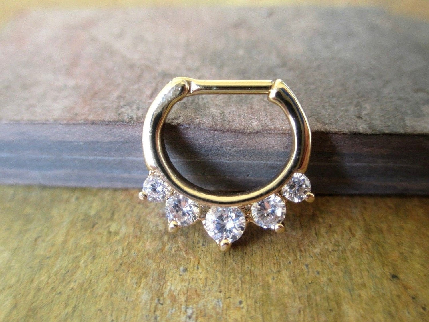 Gold Septum Clicker Ring with 5 Crystals