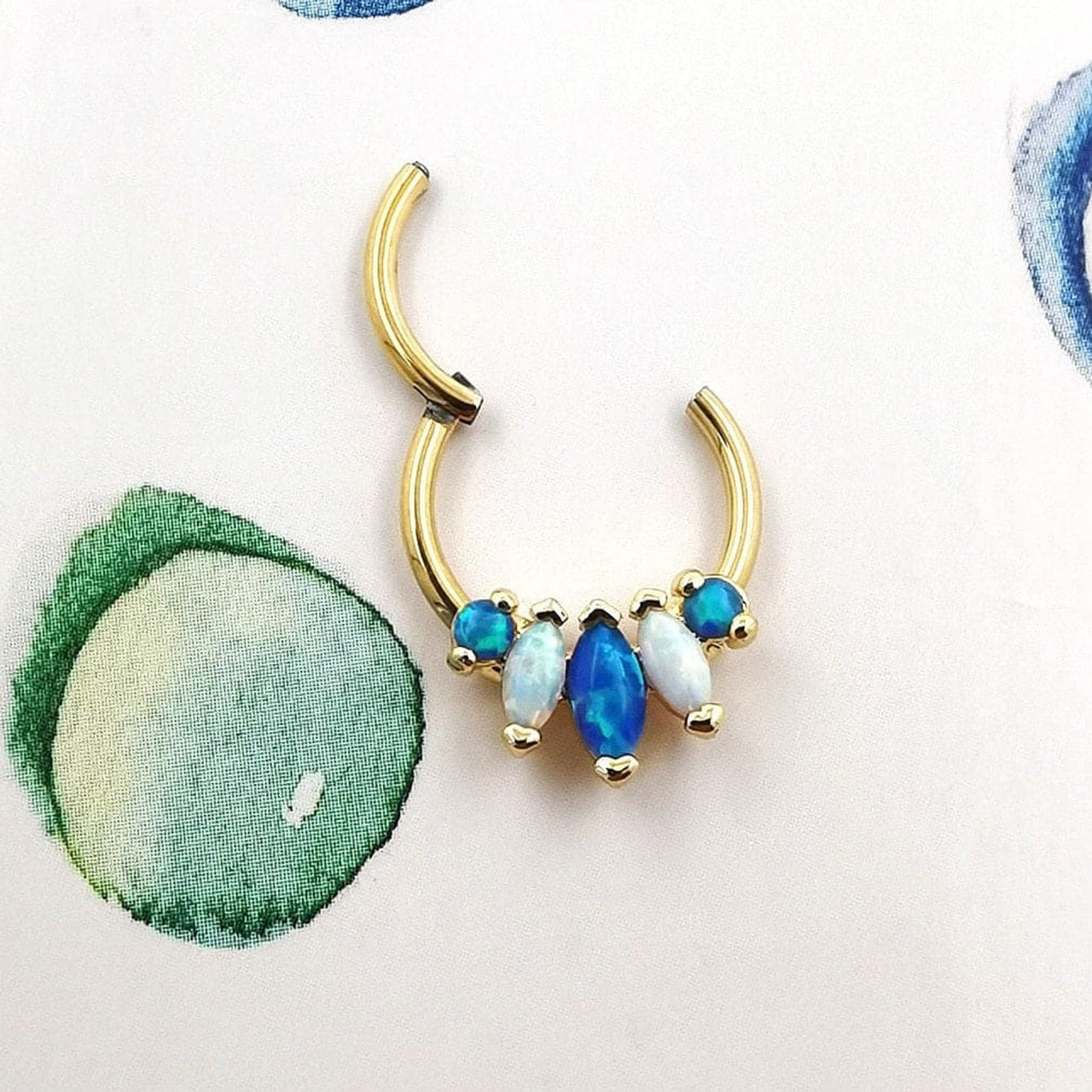 Gold Tropical Septum Clicker Ring with Blue and White Opals