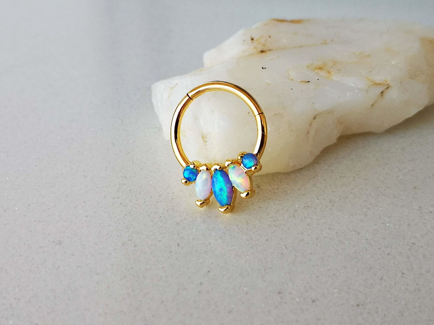 Gold Tropical Septum Clicker Ring with Blue and White Opals