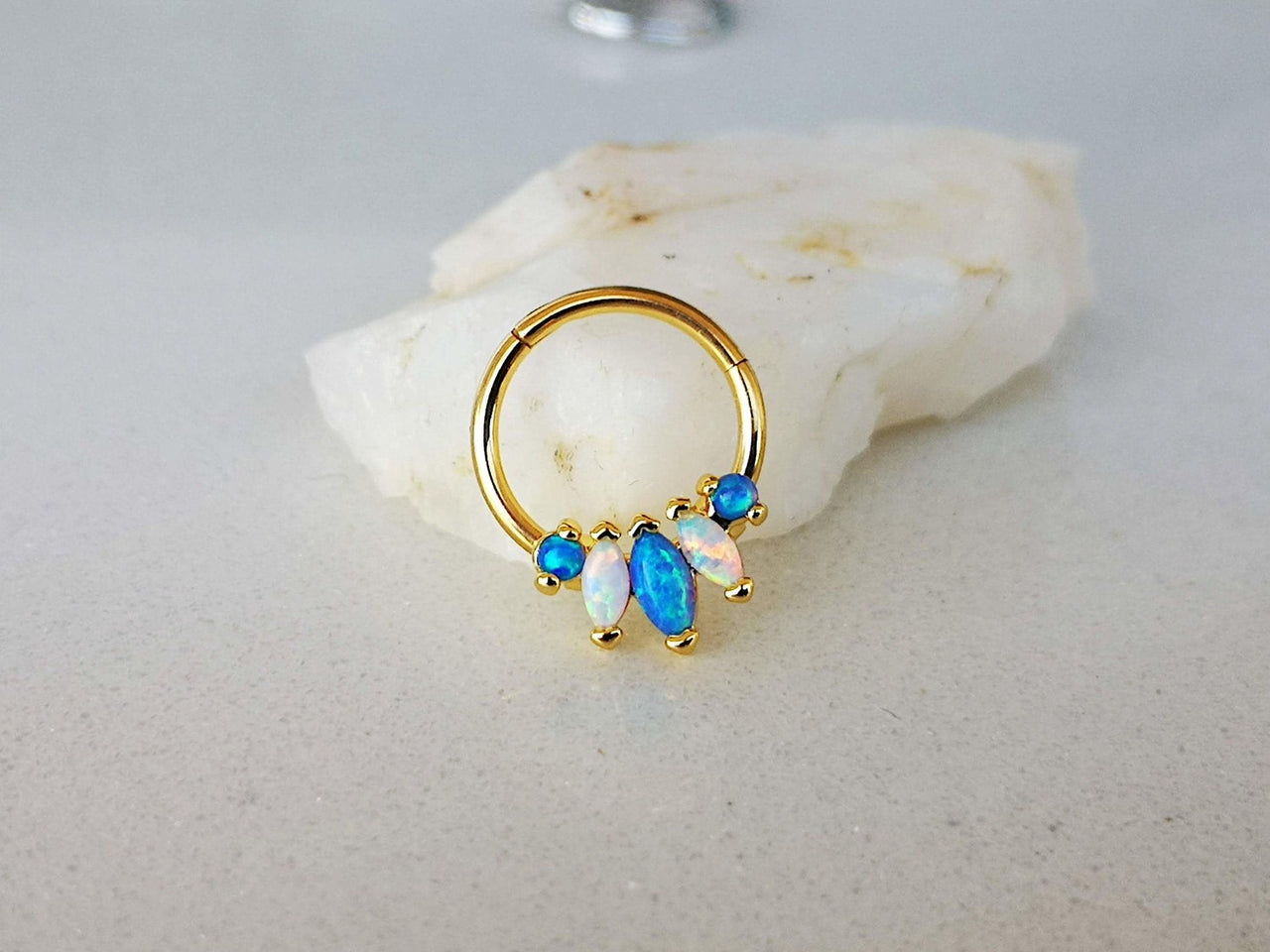 Gold Tropical Septum Clicker Ring with Blue and White Opals