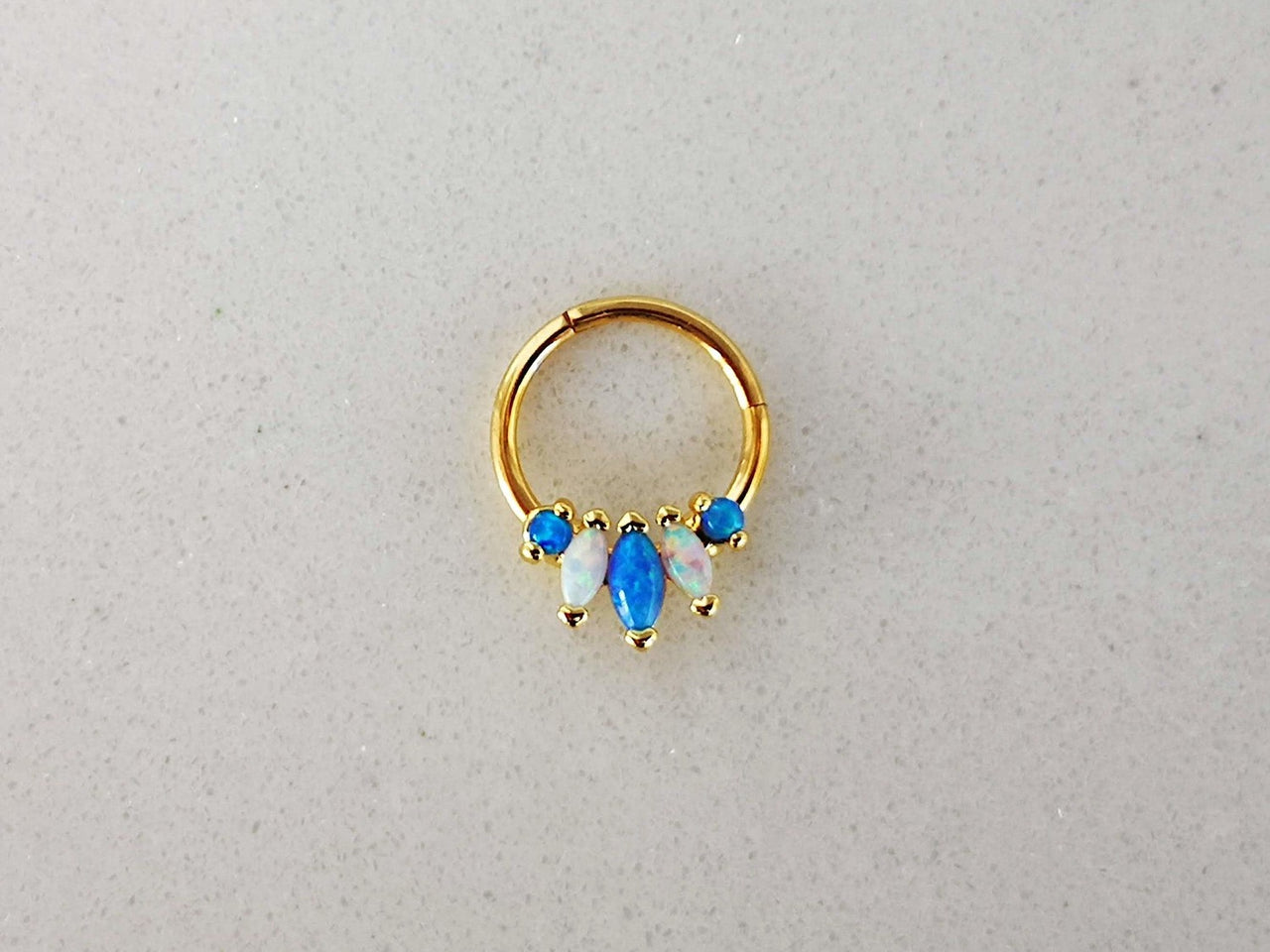 Gold Tropical Septum Clicker Ring with Blue and White Opals