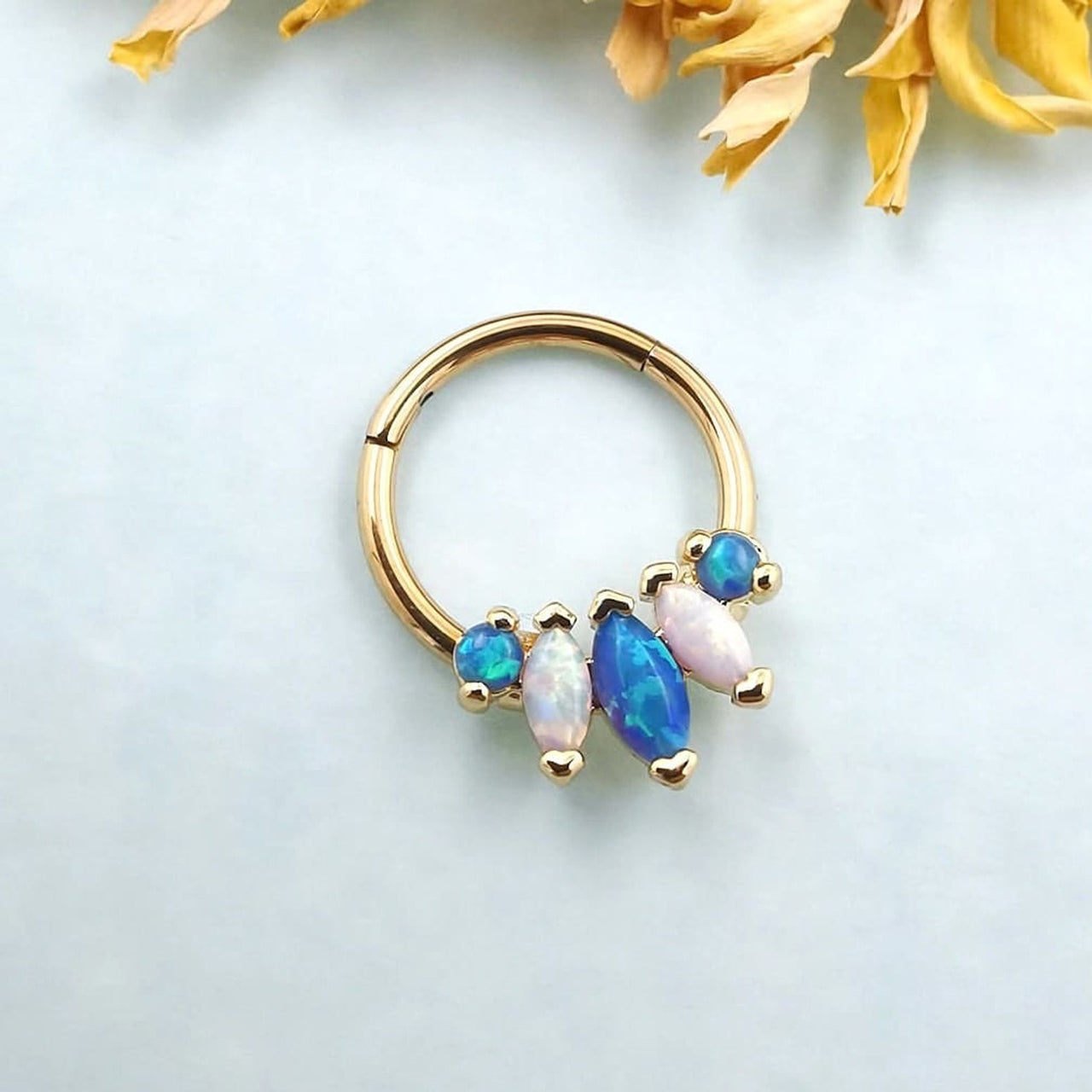 Gold Tropical Septum Clicker Ring with Blue and White Opals