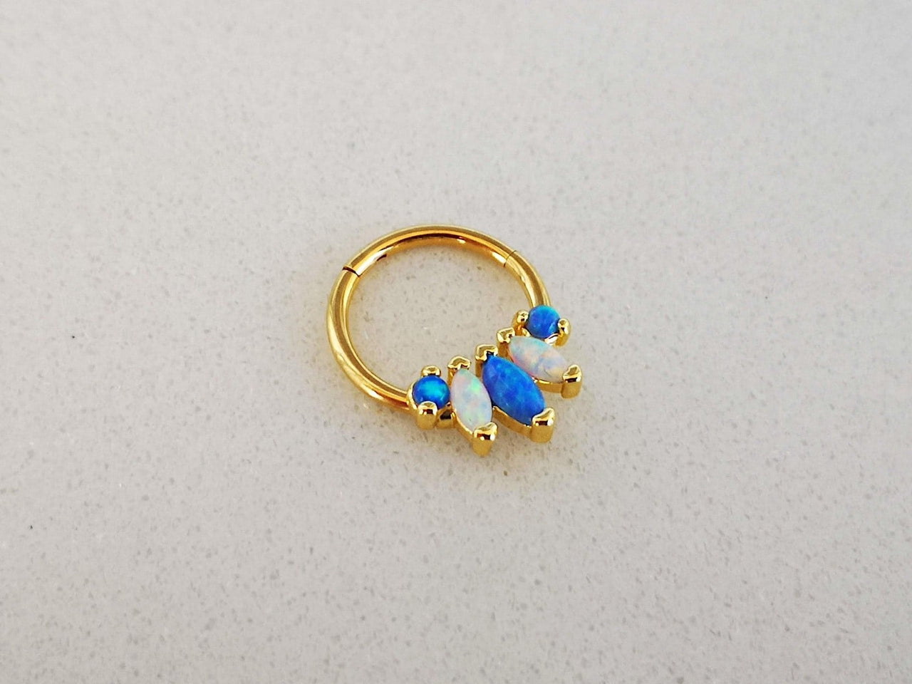 Gold Tropical Septum Clicker Ring with Blue and White Opals