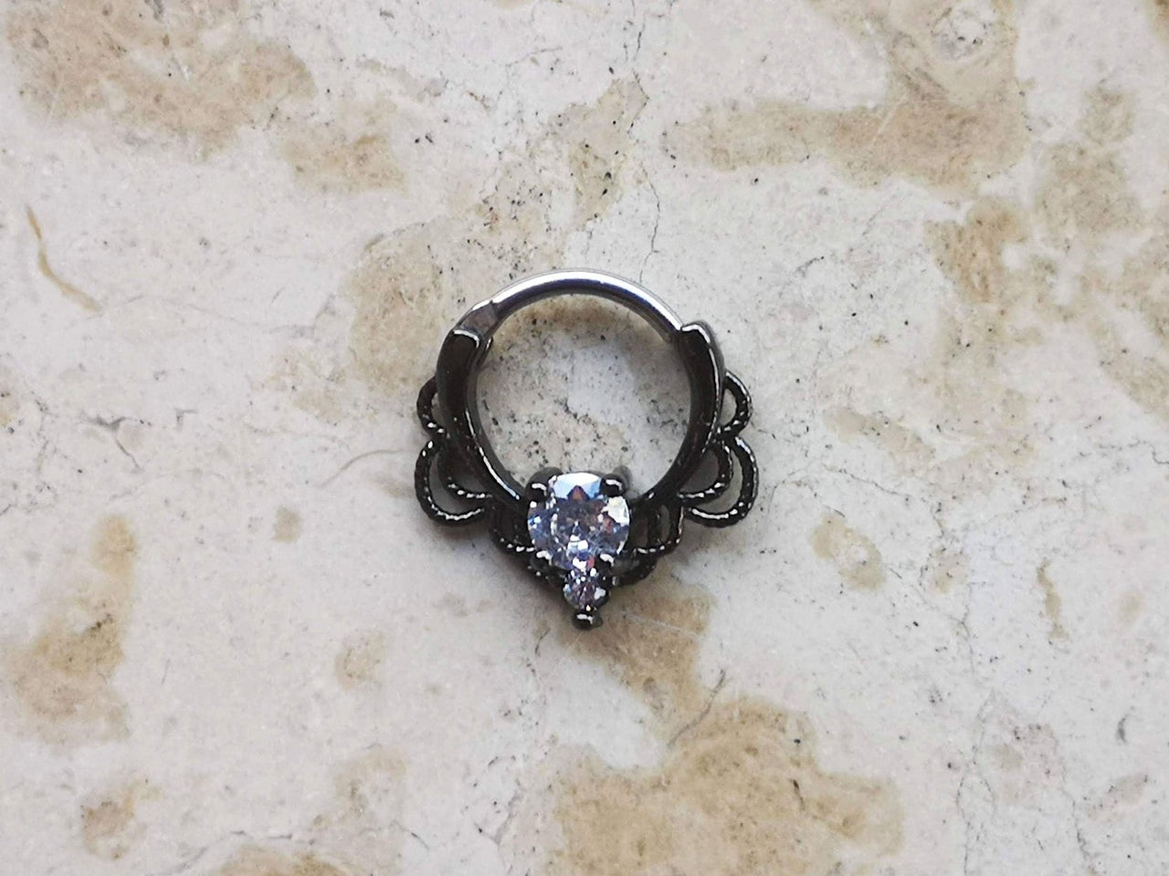 Gothic Black Lace Septum Clicker Ring with CZ Crystals - 15% OFF