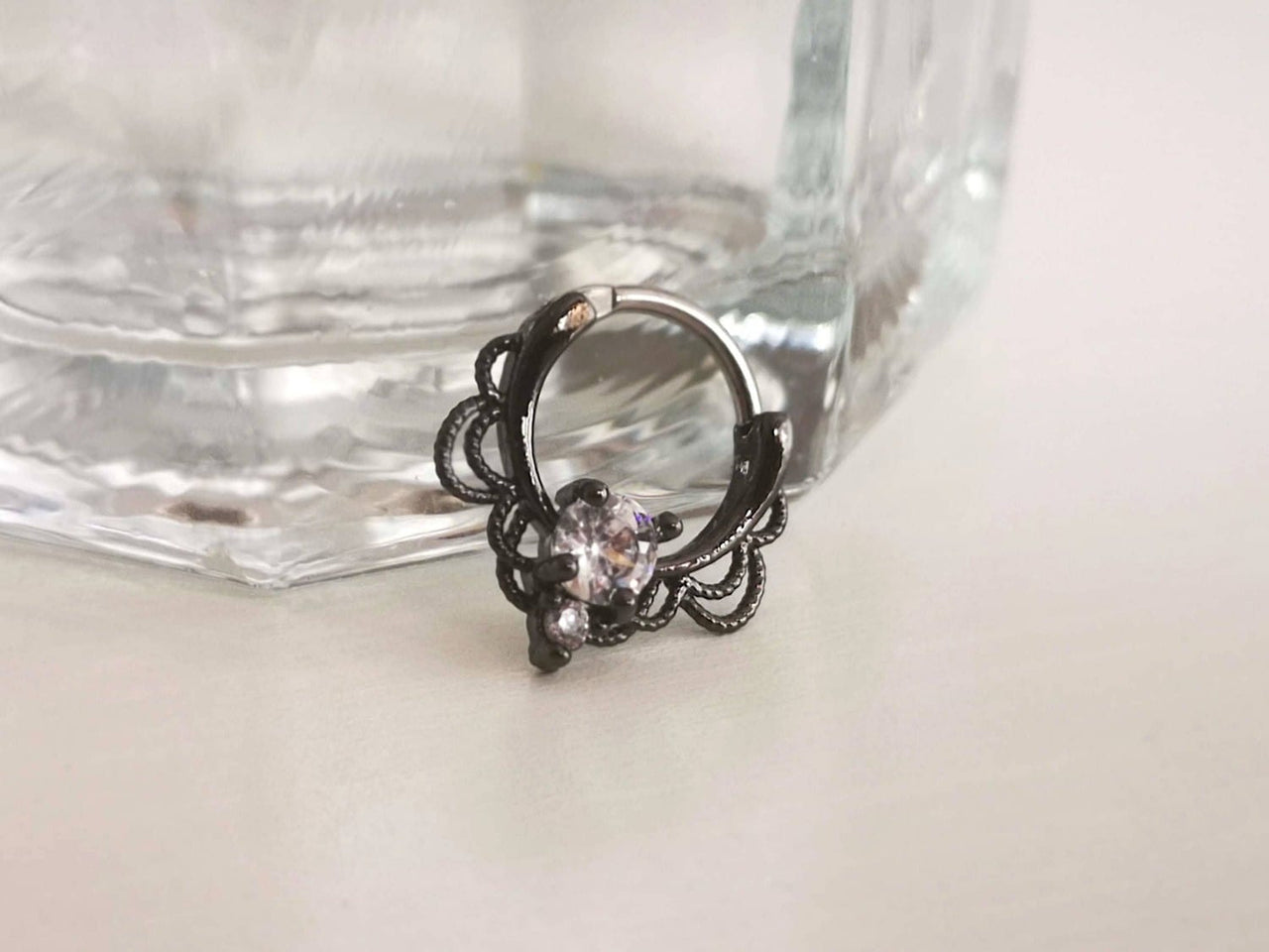 Gothic Black Lace Septum Clicker Ring with CZ Crystals