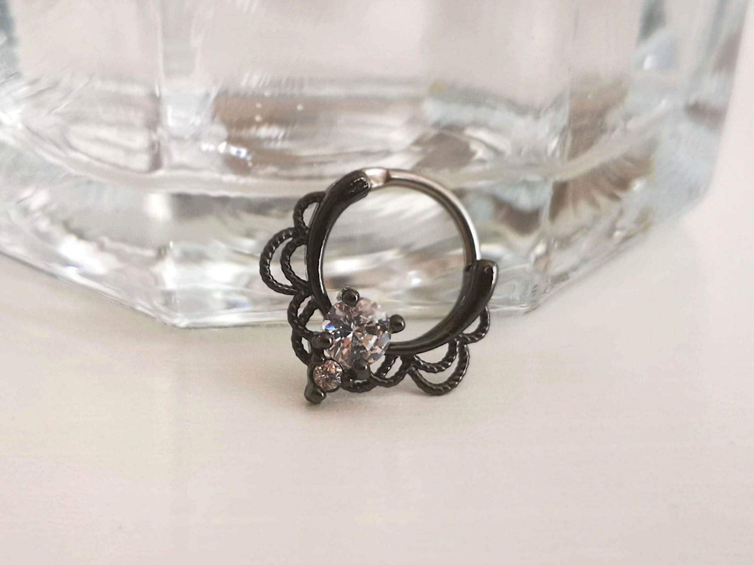 Gothic Black Lace Septum Clicker Ring with CZ Crystals