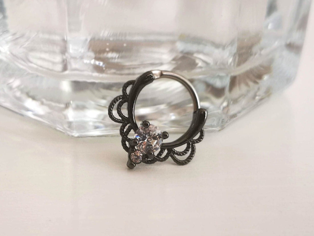 Gothic Black Lace Septum Clicker Ring with CZ Crystals - 15% OFF