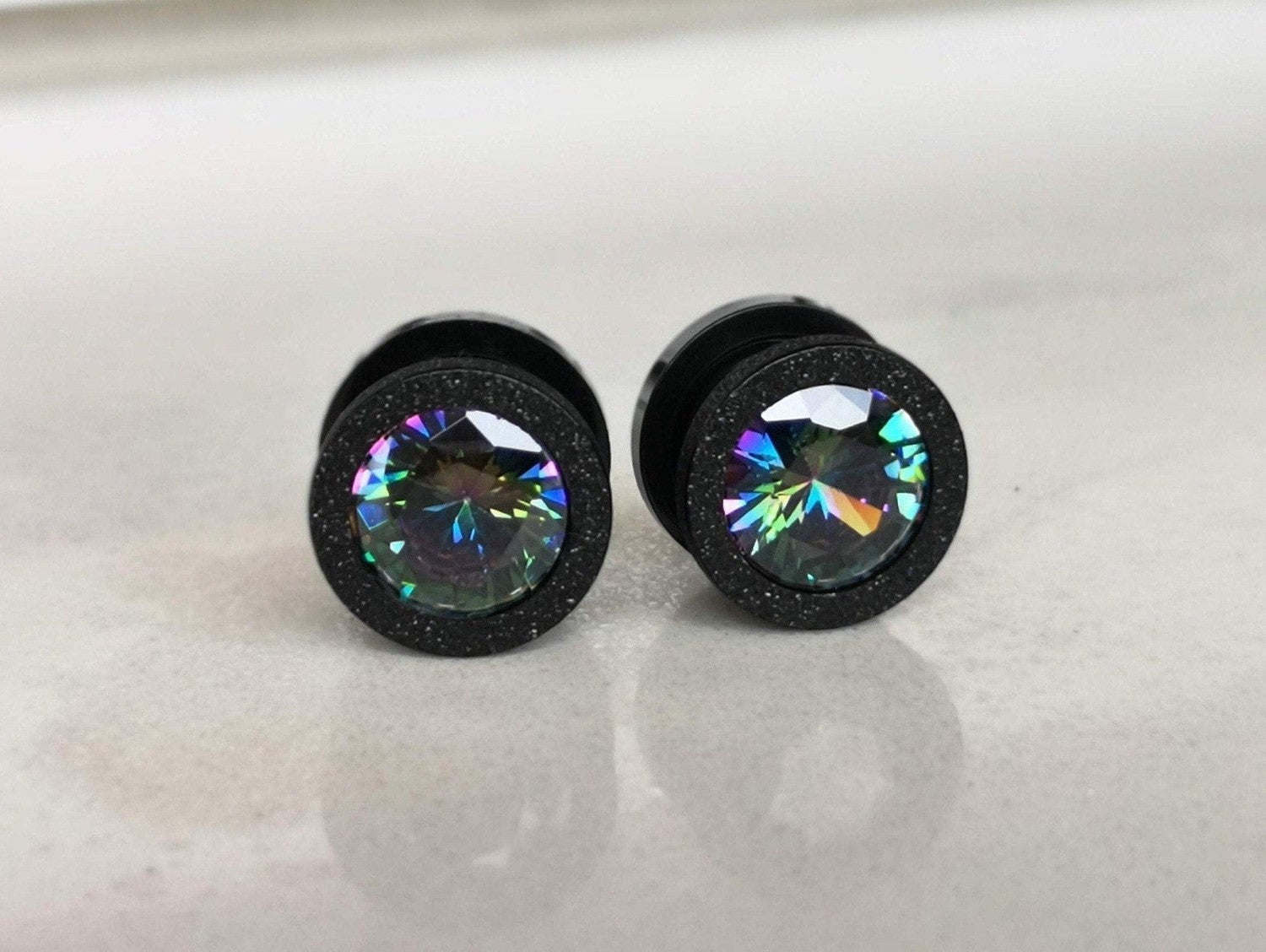 Iridescent Glittered Black Plugs Earrings