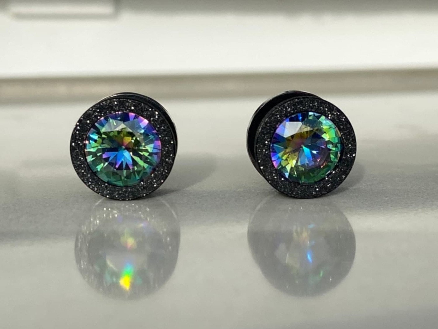 Iridescent Glittered Black Plugs Earrings