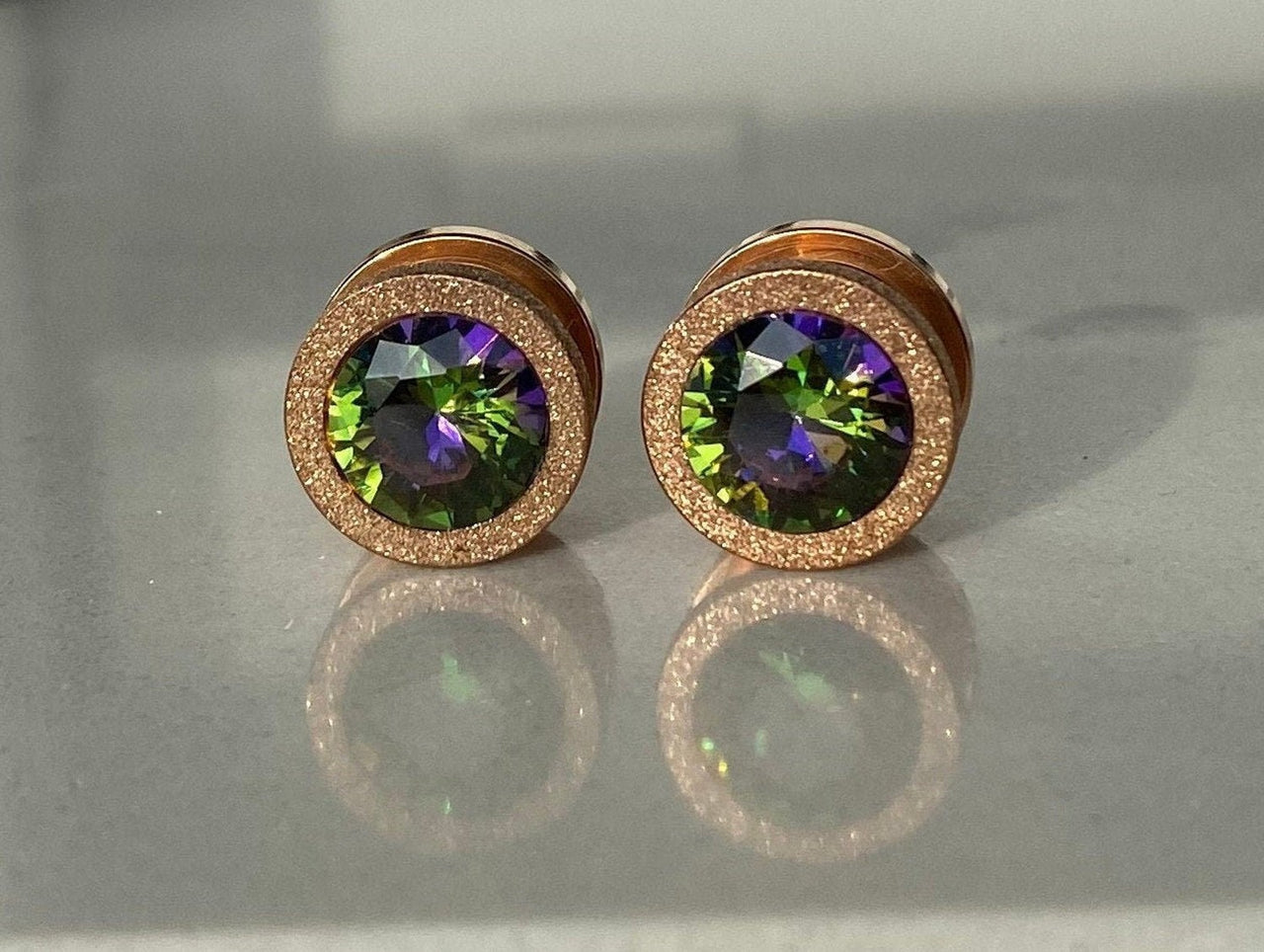 Iridescent Glittered Rose Gold Plugs Earrings