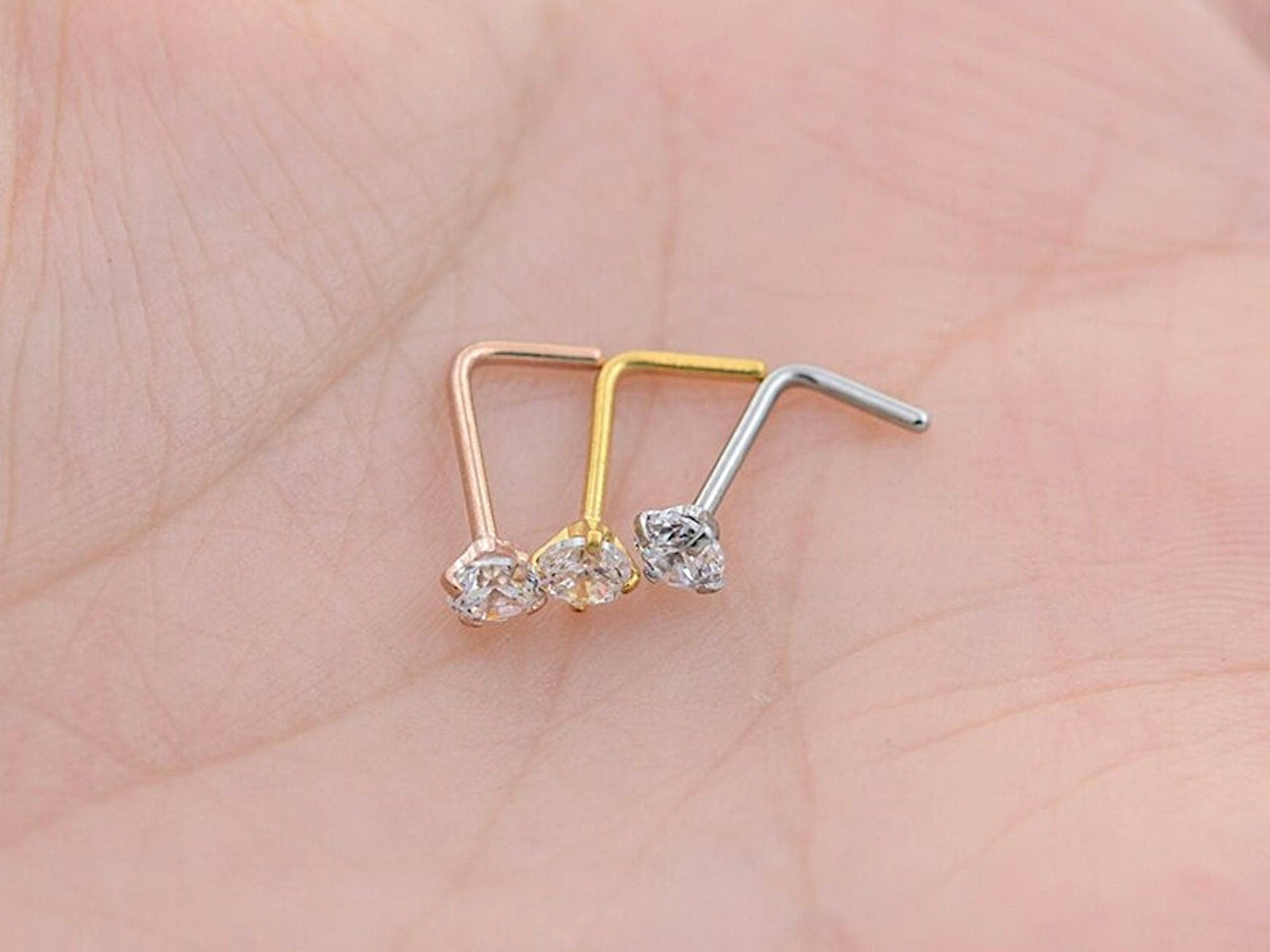 L Shaped Nose Pin with Cubic Zirconia Crystal