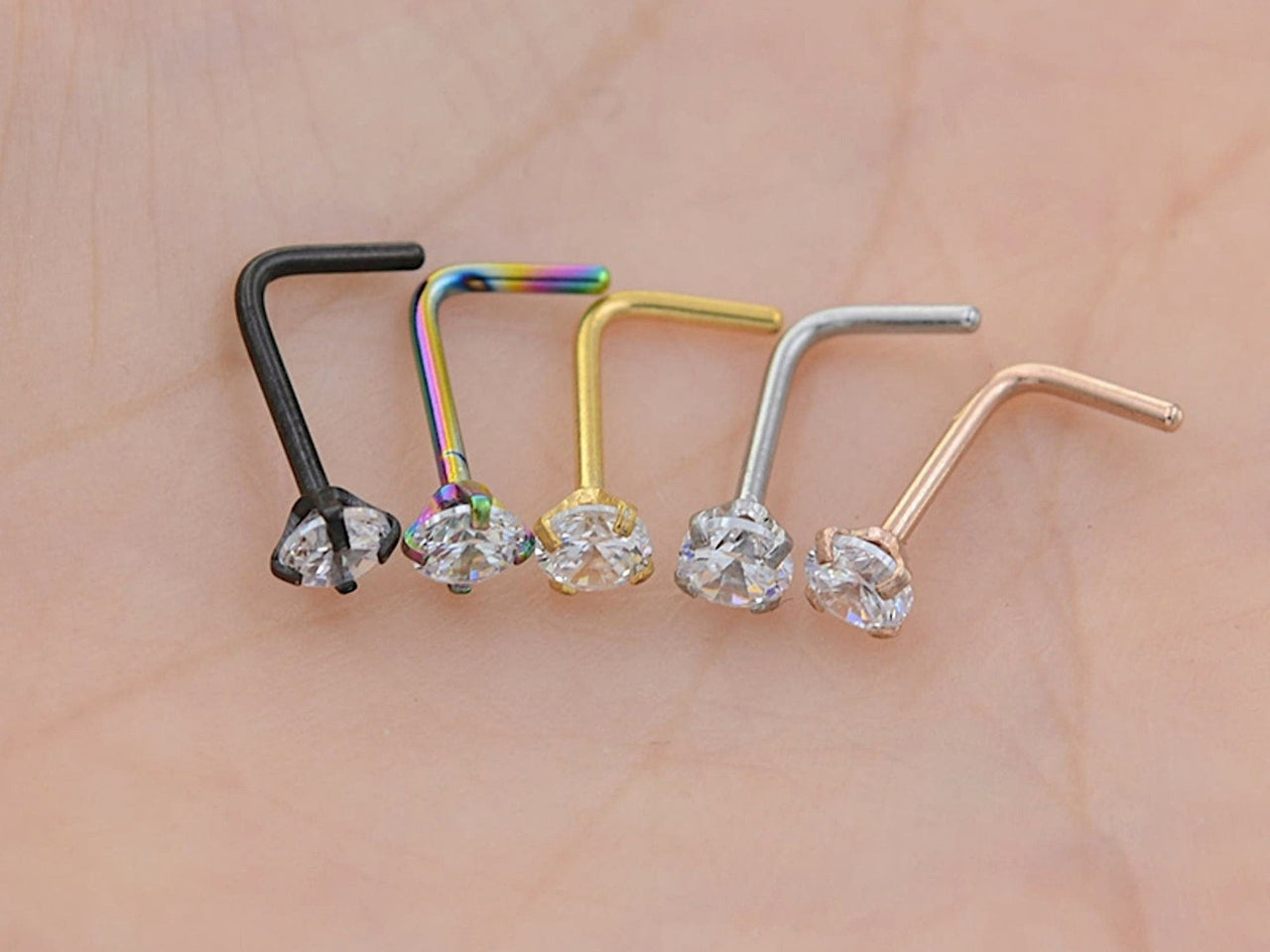 L Shaped Nose Pin with Cubic Zirconia Crystal