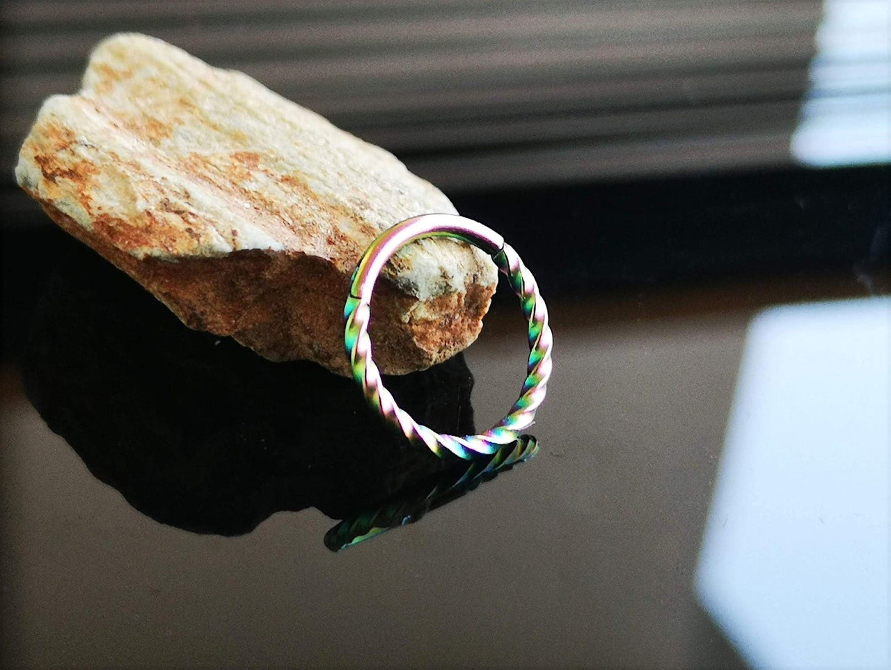 Rainbow Twisted Titanium Hinged Hoop Ring