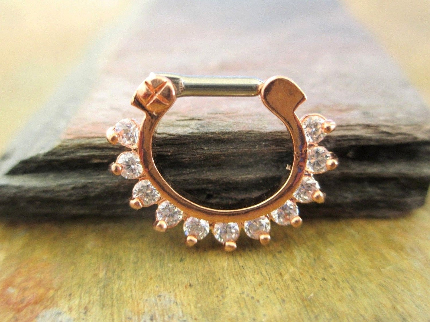 Rose Gold Aztec Surgical Steel Septum Ring with Cubic Zirconia Crystals