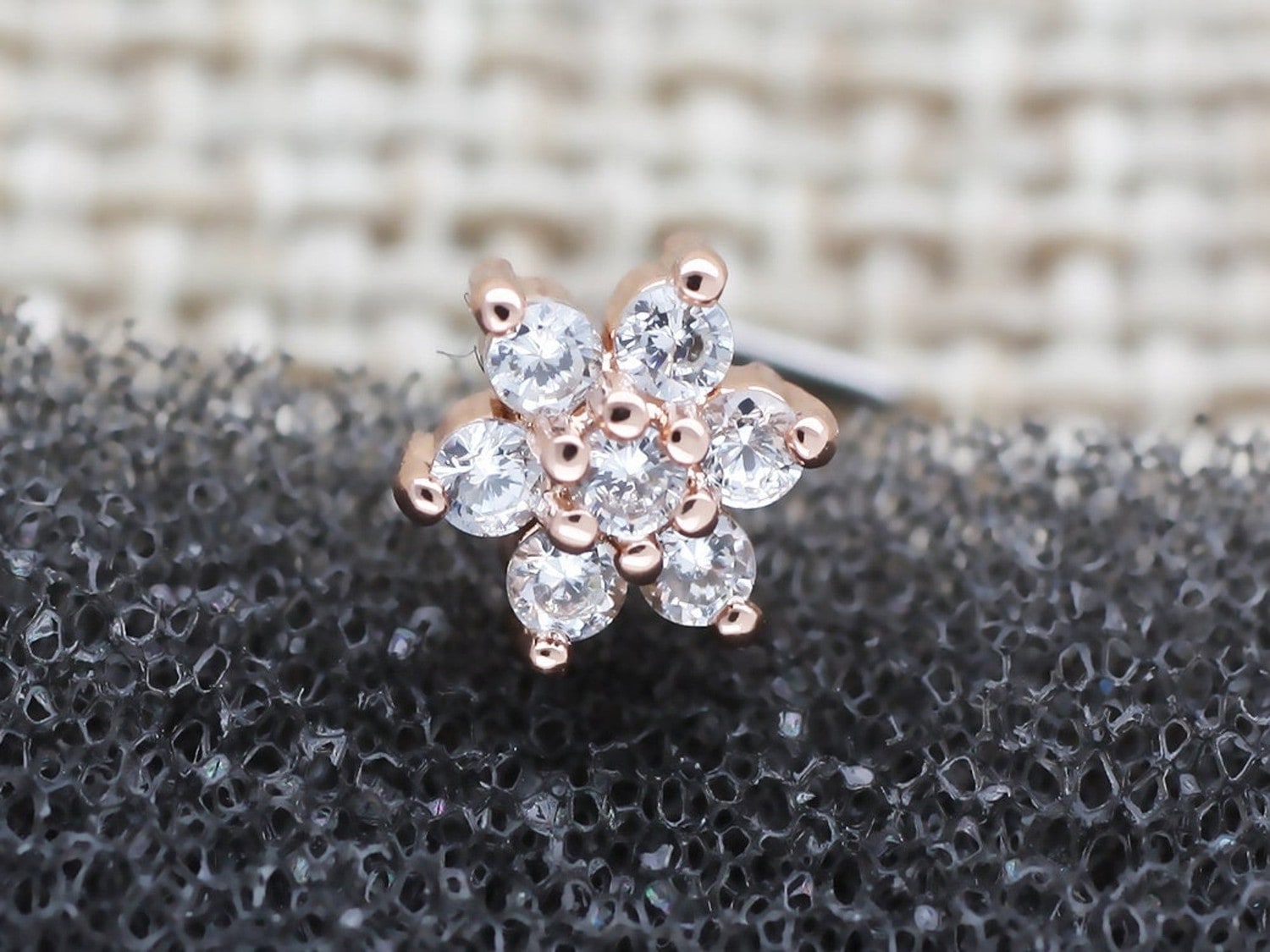 Rose Gold Crystal Flower L Shaped Nose Stud