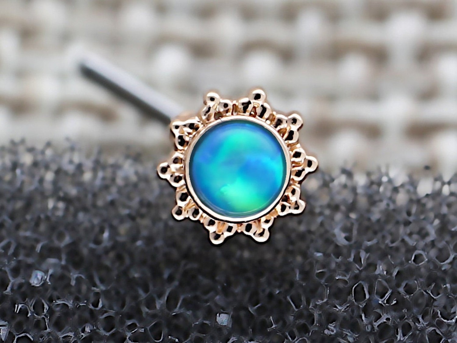 Rose Gold Flower L Shaped Nose Stud with Central Blue Opal