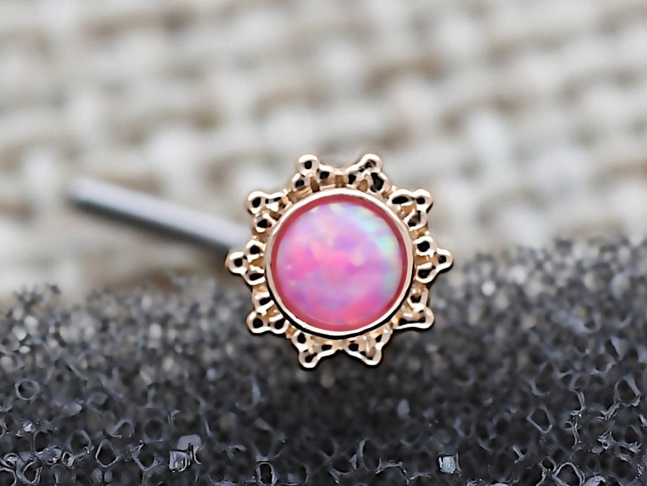 Rose Gold Flower L Shaped Nose Stud with Central Pink Opal