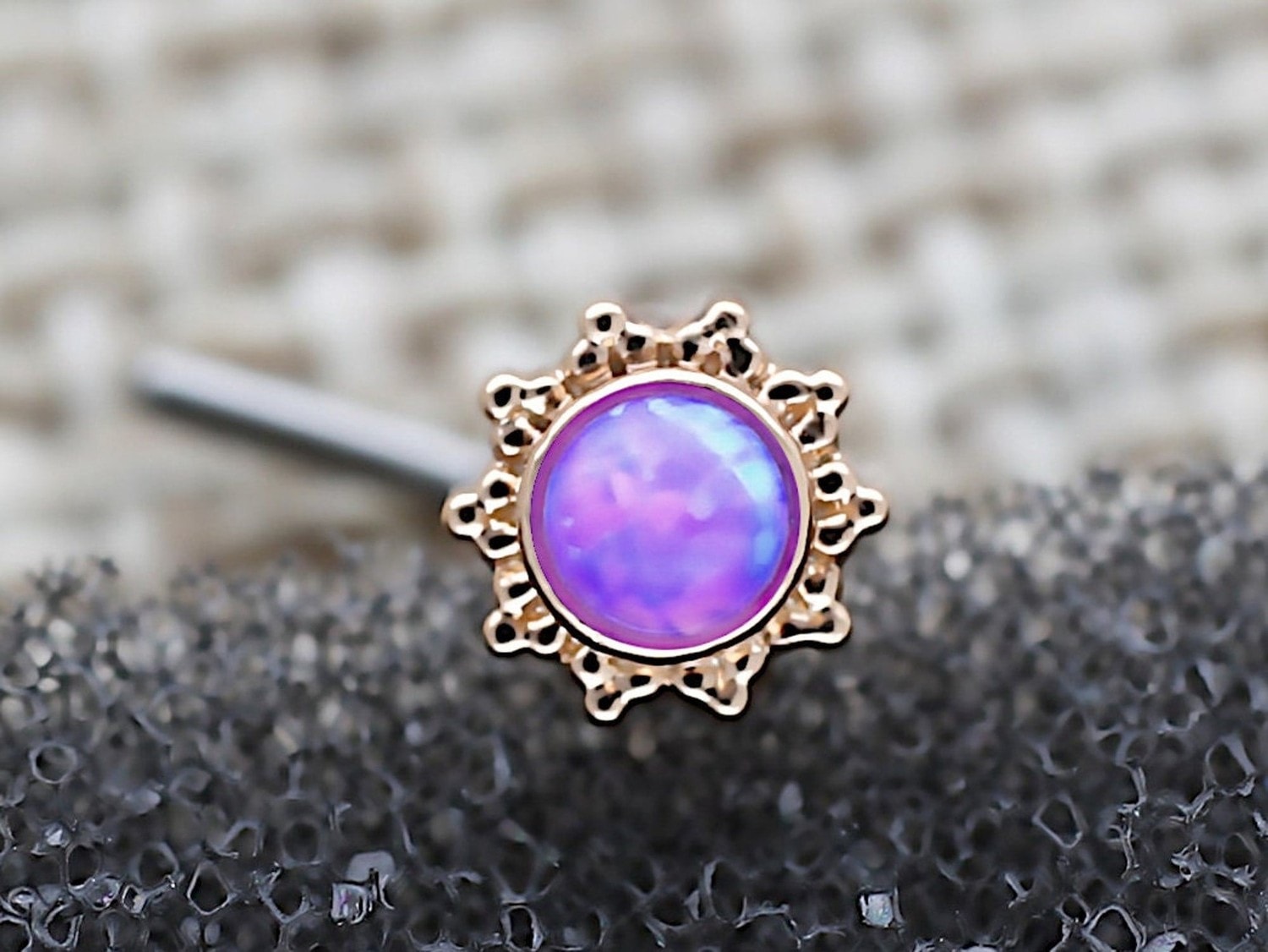 Rose Gold Flower L Shaped Nose Stud with Central Purple Opal