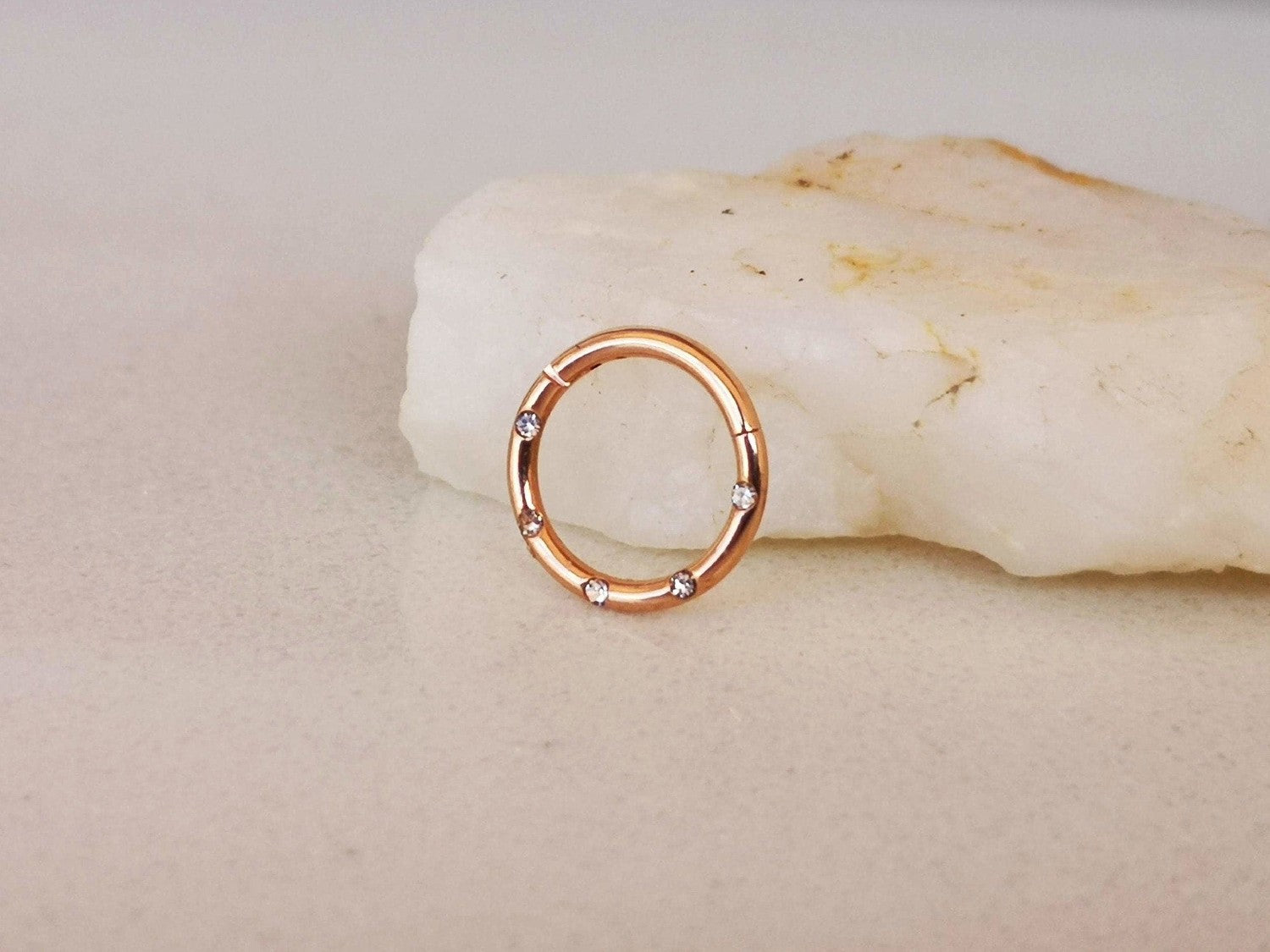 Rose Gold Hinged Hoop Ring with 5 Flush Set Petite Crystals