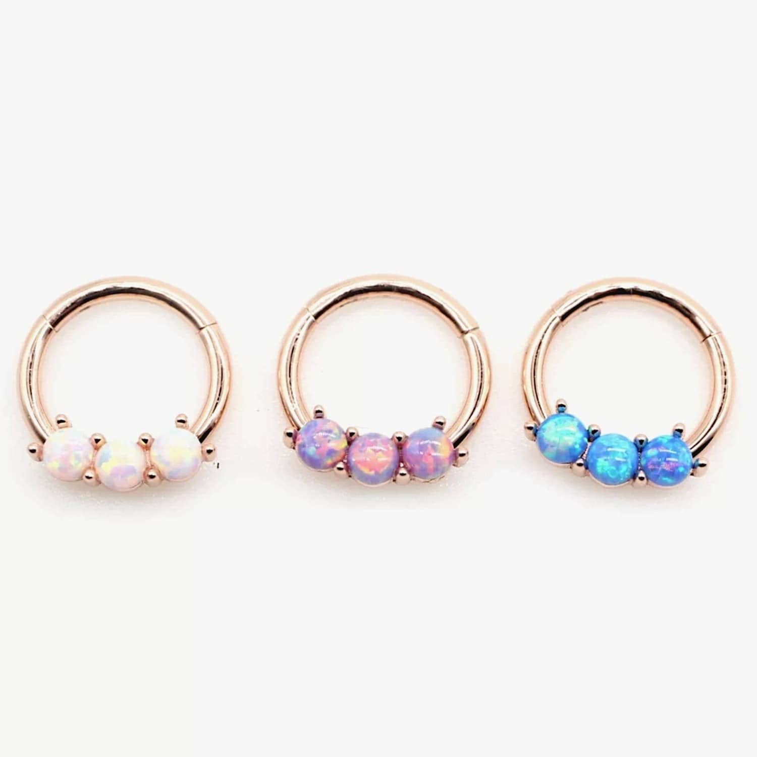 Rose Gold Hinged Segment Ring with Three Round Opals