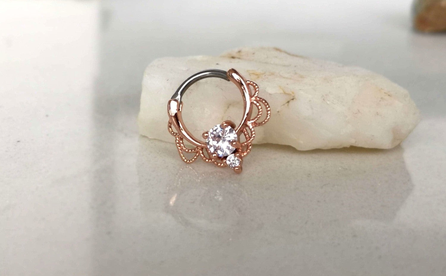 Rose Gold Lace Septum Clicker Ring with CZ Crystals