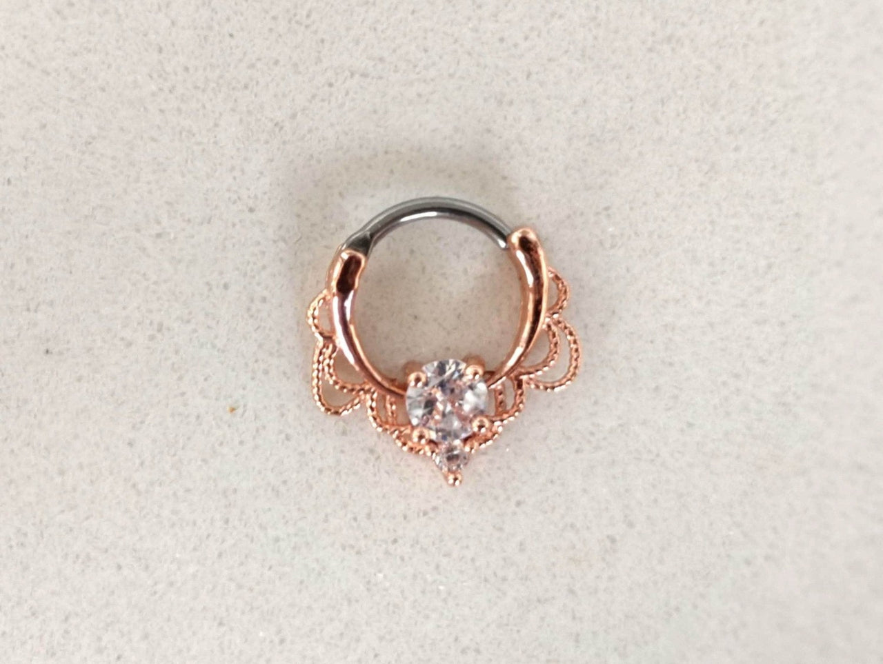 Rose Gold Lace Septum Clicker Ring with CZ Crystals