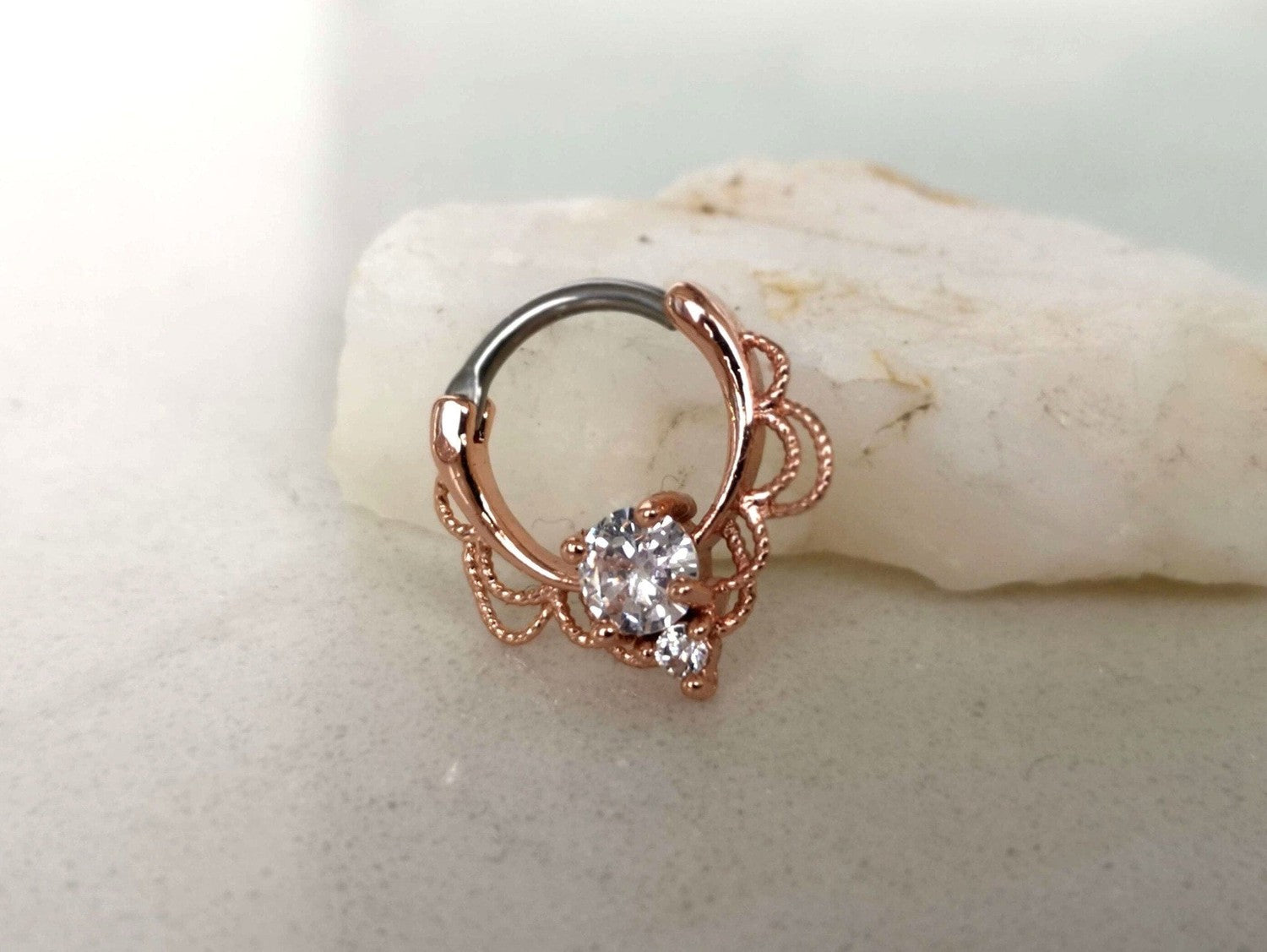 Rose Gold Lace Septum Clicker Ring with CZ Crystals