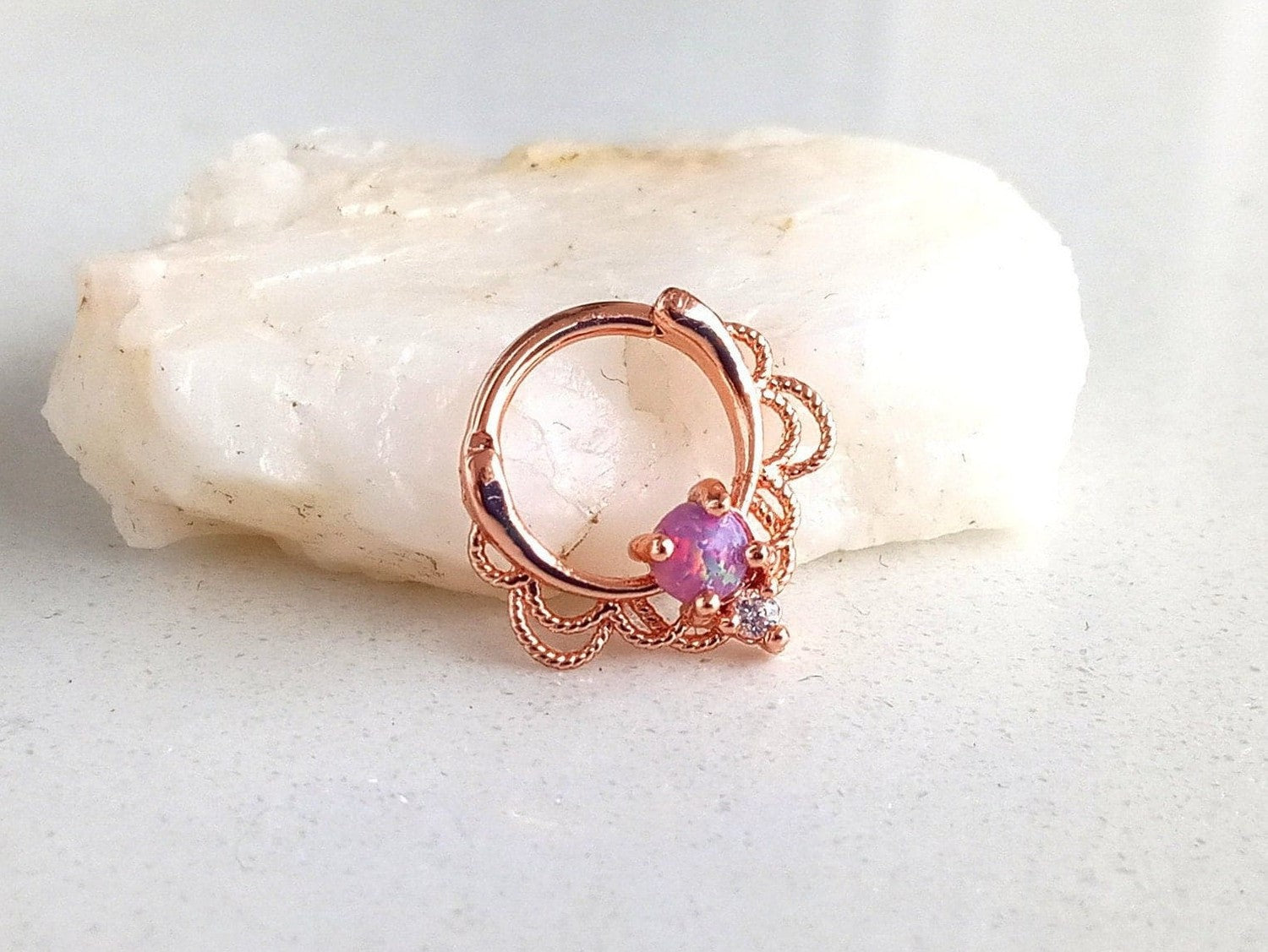 Rose Gold Lace Septum Clicker Ring with Purple Opal