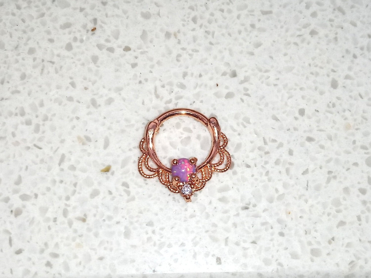 Rose Gold Lace Septum Clicker Ring with Purple Opal