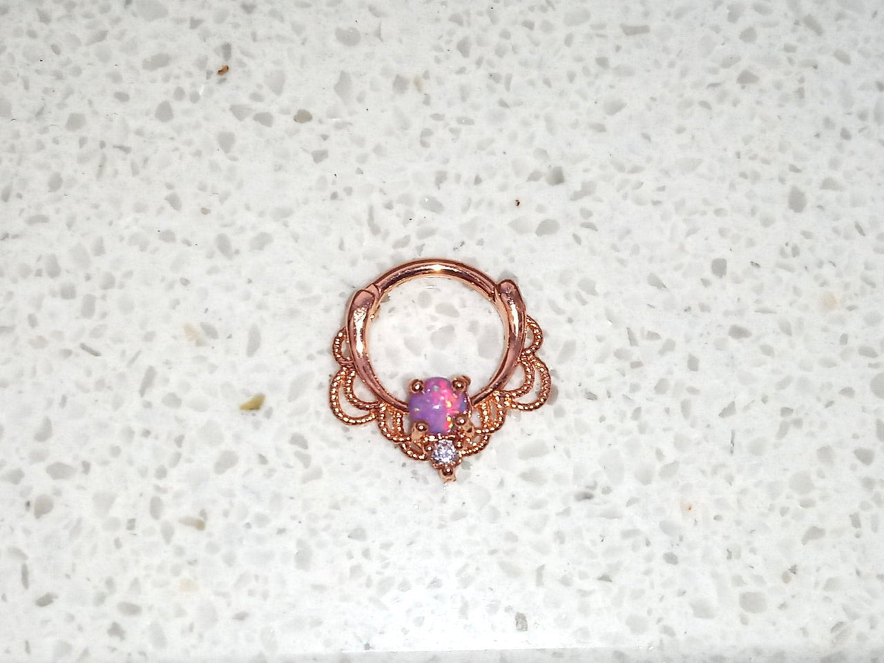 Rose Gold Lace Septum Clicker Ring with Purple Opal - 15% OFF