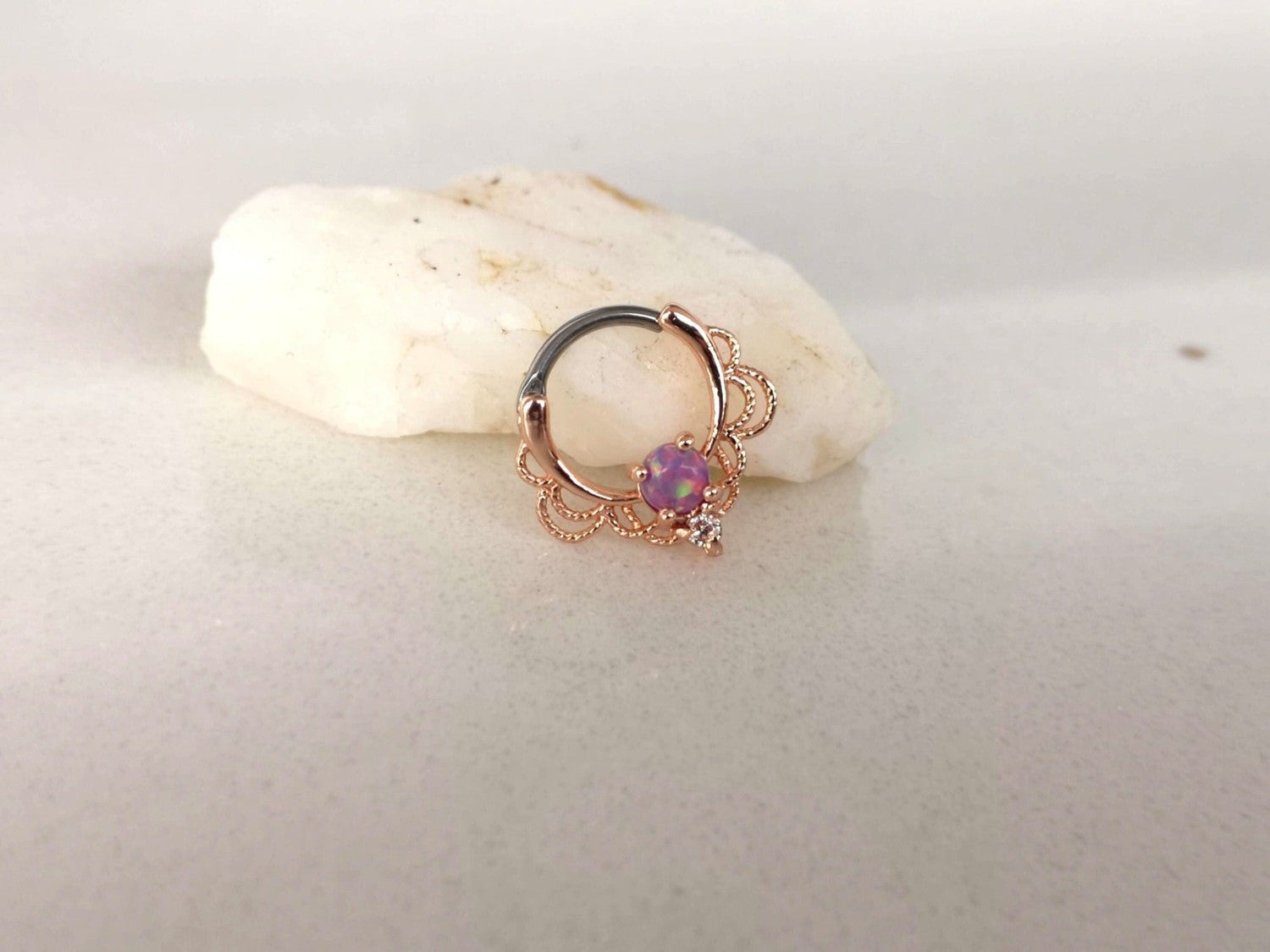 Rose Gold Lace Septum Clicker Ring with Purple Opal