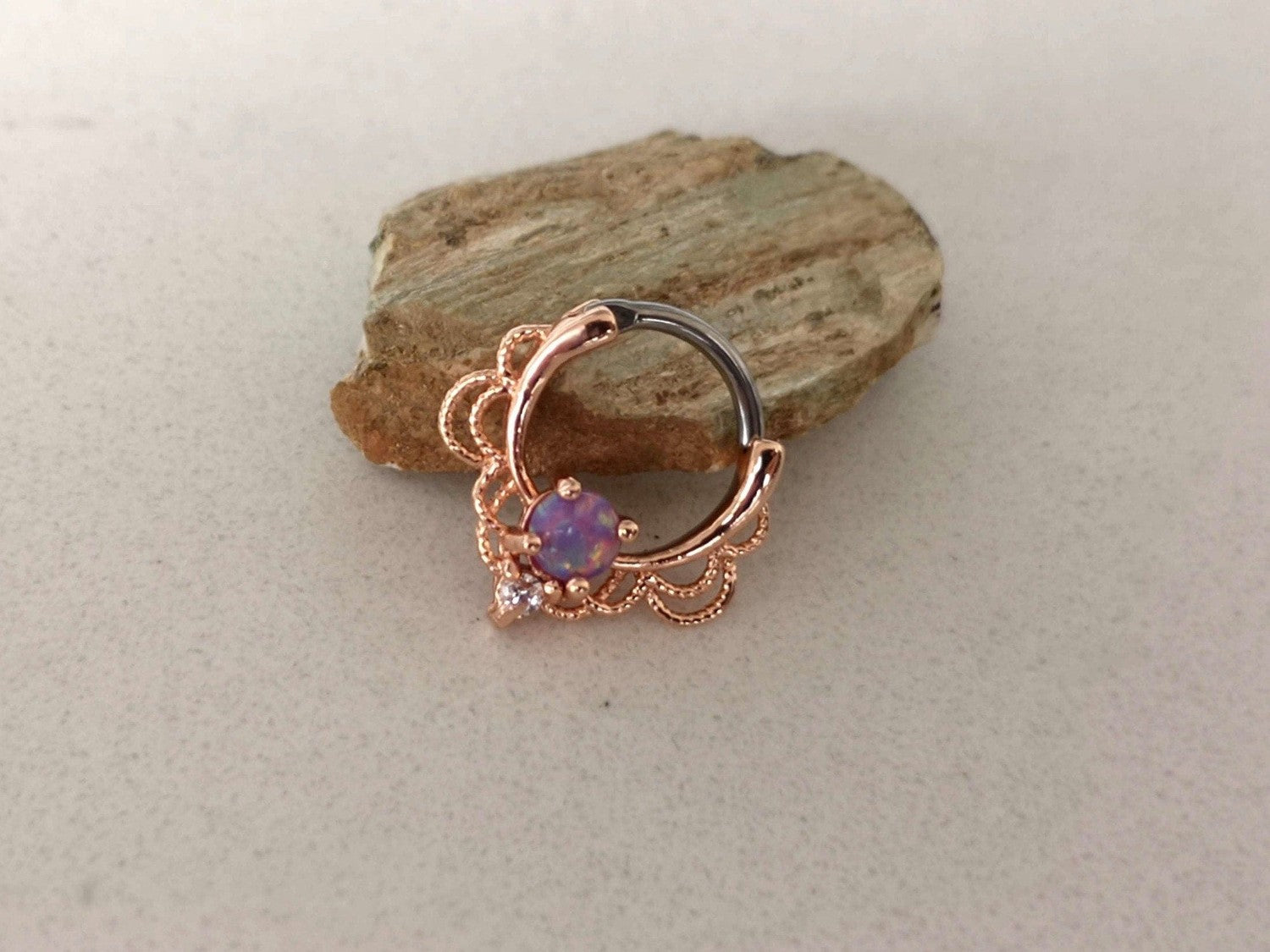 Rose Gold Lace Septum Clicker Ring with Purple Opal