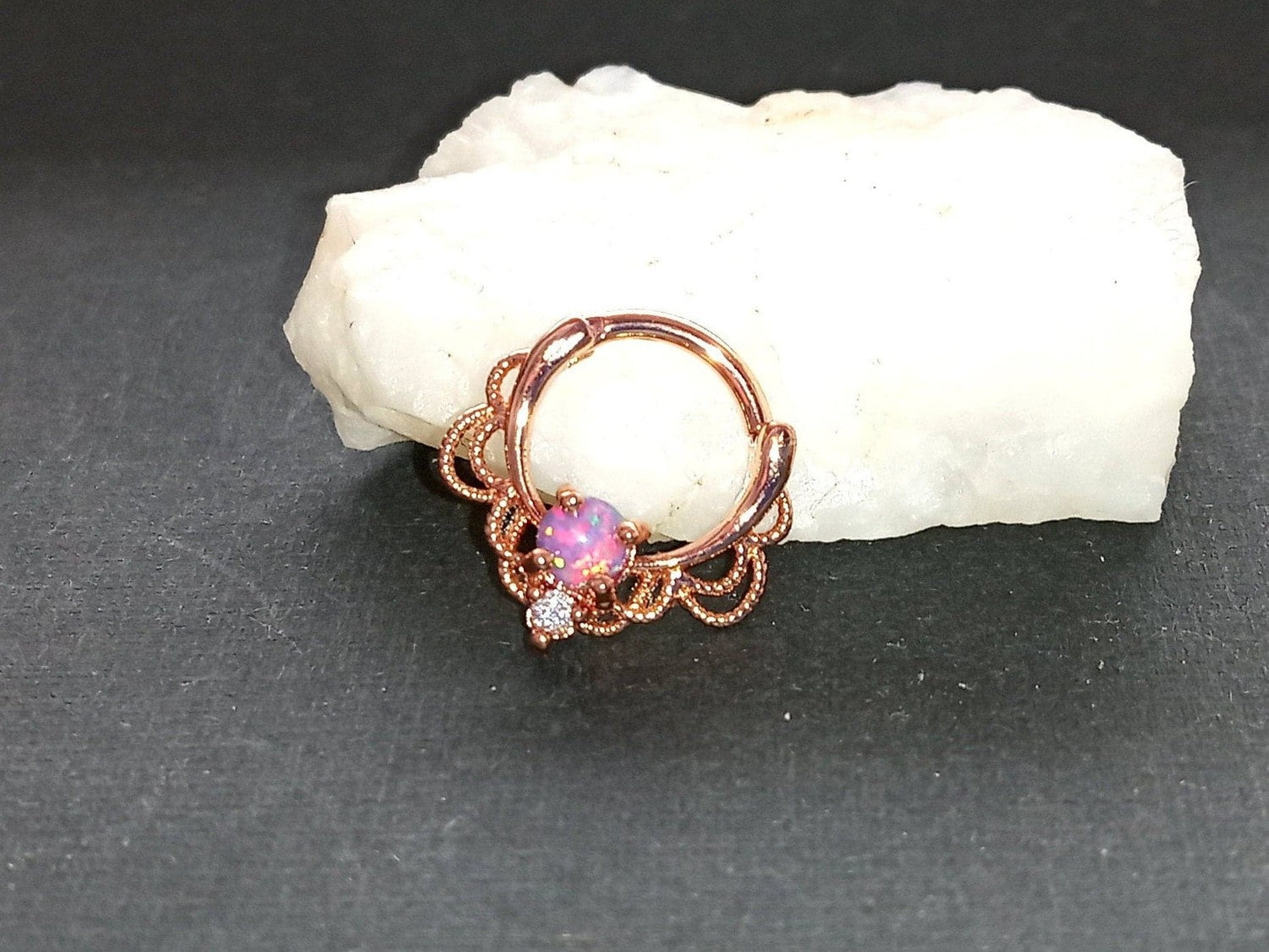 Rose Gold Lace Septum Clicker Ring with Purple Opal