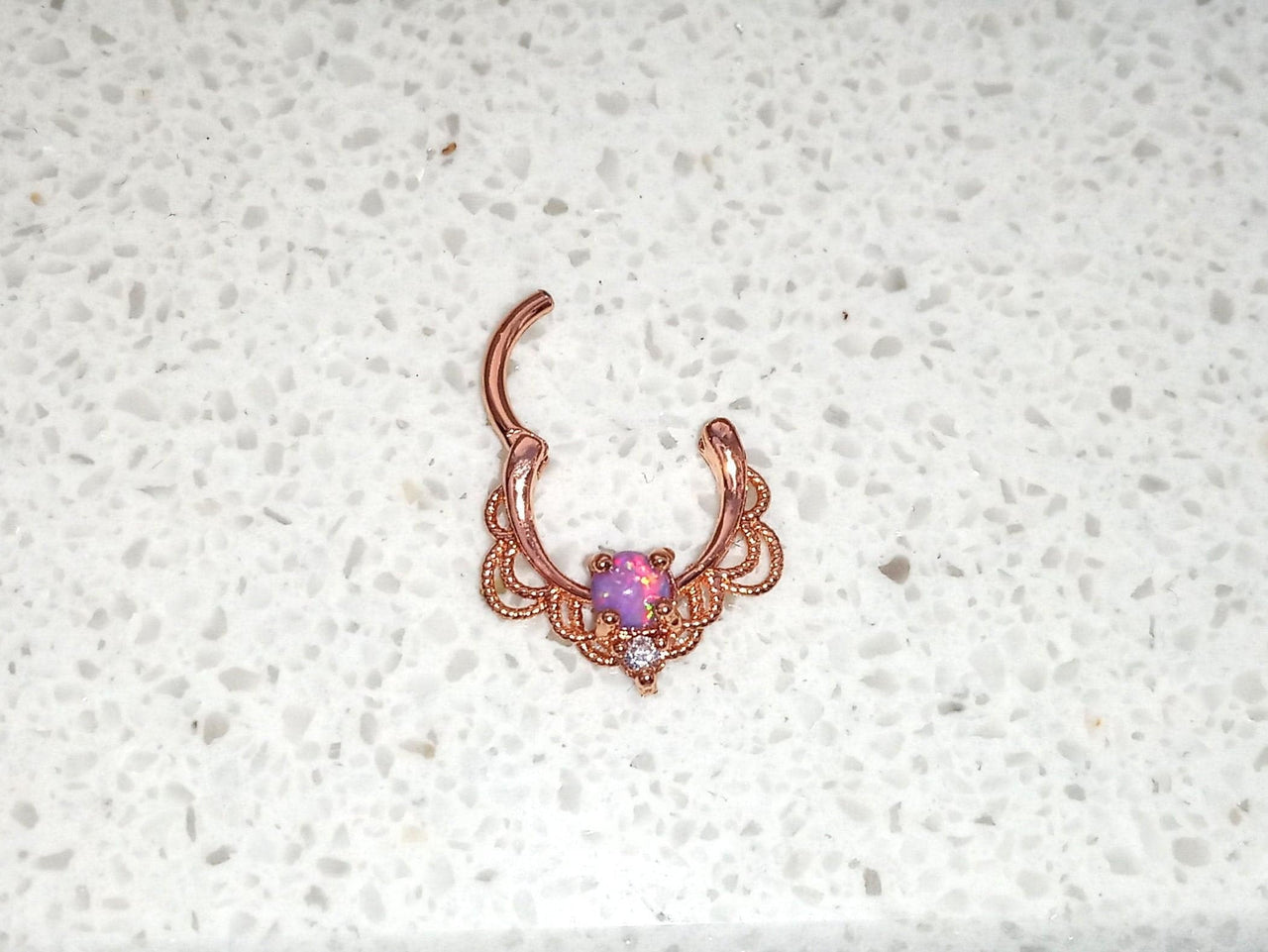 Rose Gold Lace Septum Clicker Ring with Purple Opal - 15% OFF