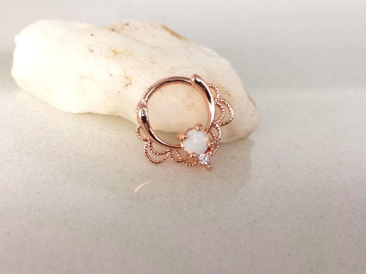 Rose Gold Lace Septum Clicker Ring with White Opal - 15% OFF