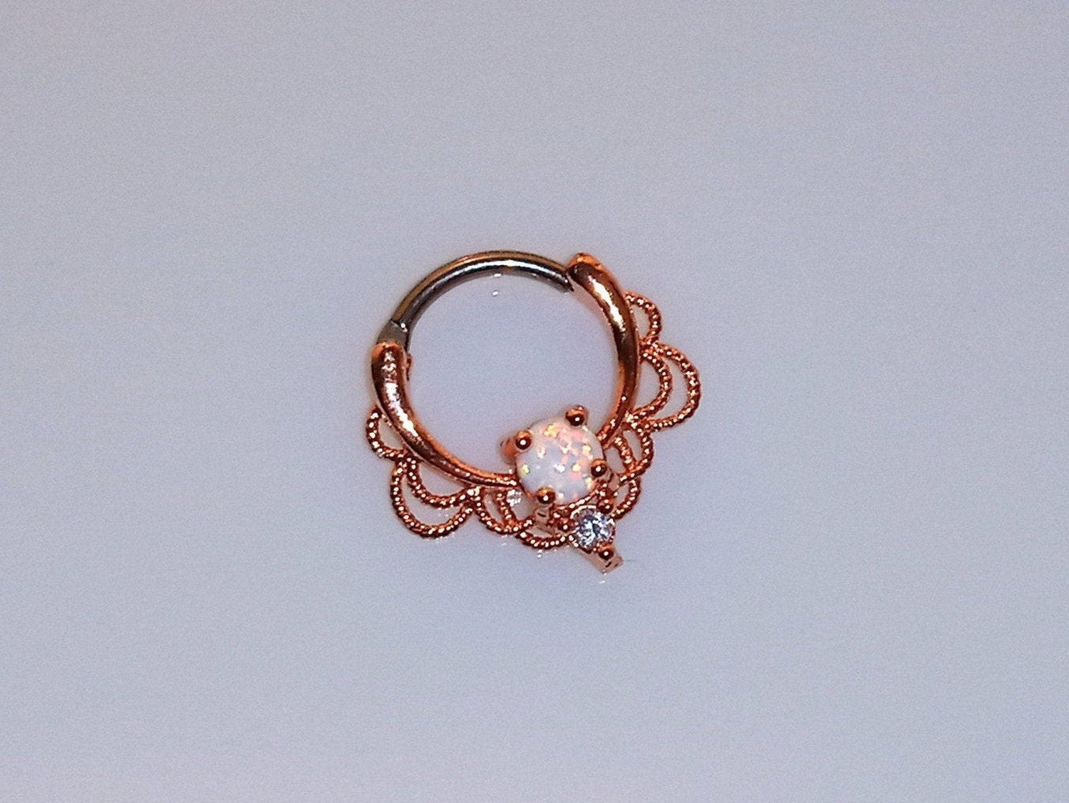 Rose Gold Lace Septum Clicker Ring with White Opal