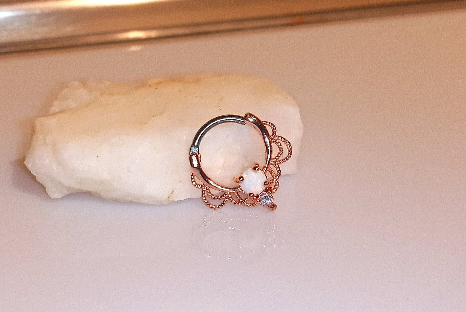 Rose Gold Lace Septum Clicker Ring with White Opal