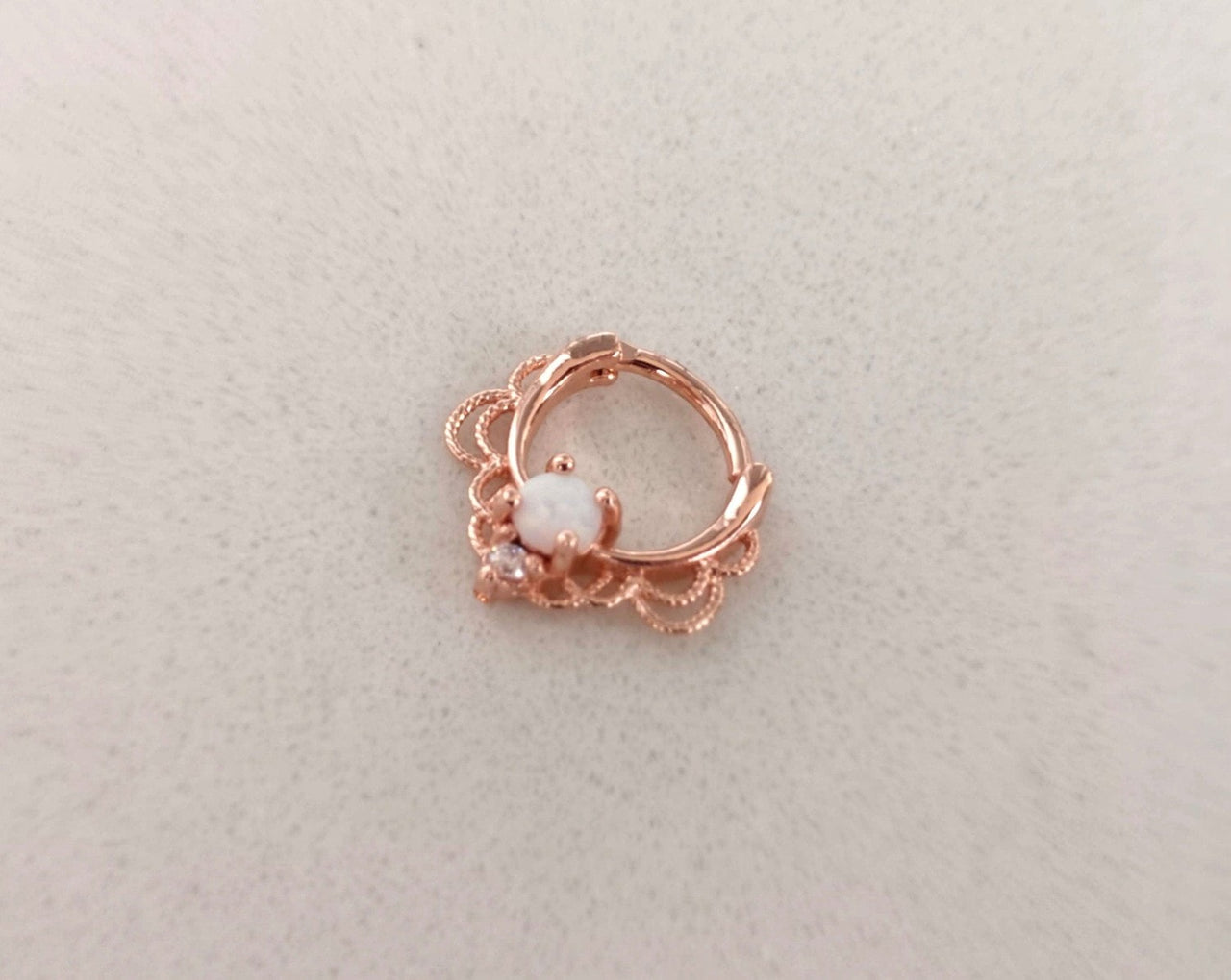 Rose Gold Lace Septum Clicker Ring with White Opal