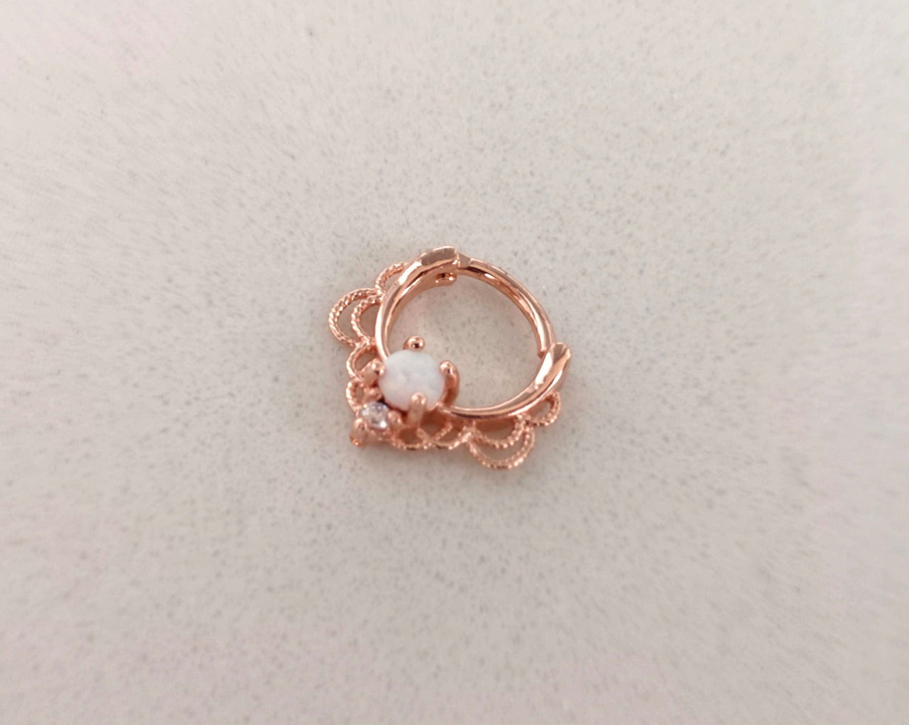 Rose Gold Lace Septum Clicker Ring with White Opal - 15% OFF