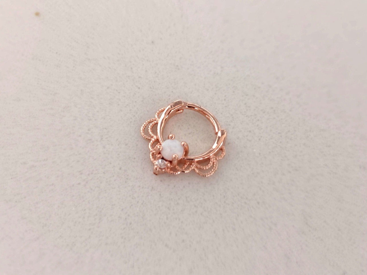 Rose Gold Lace Septum Clicker Ring with White Opal