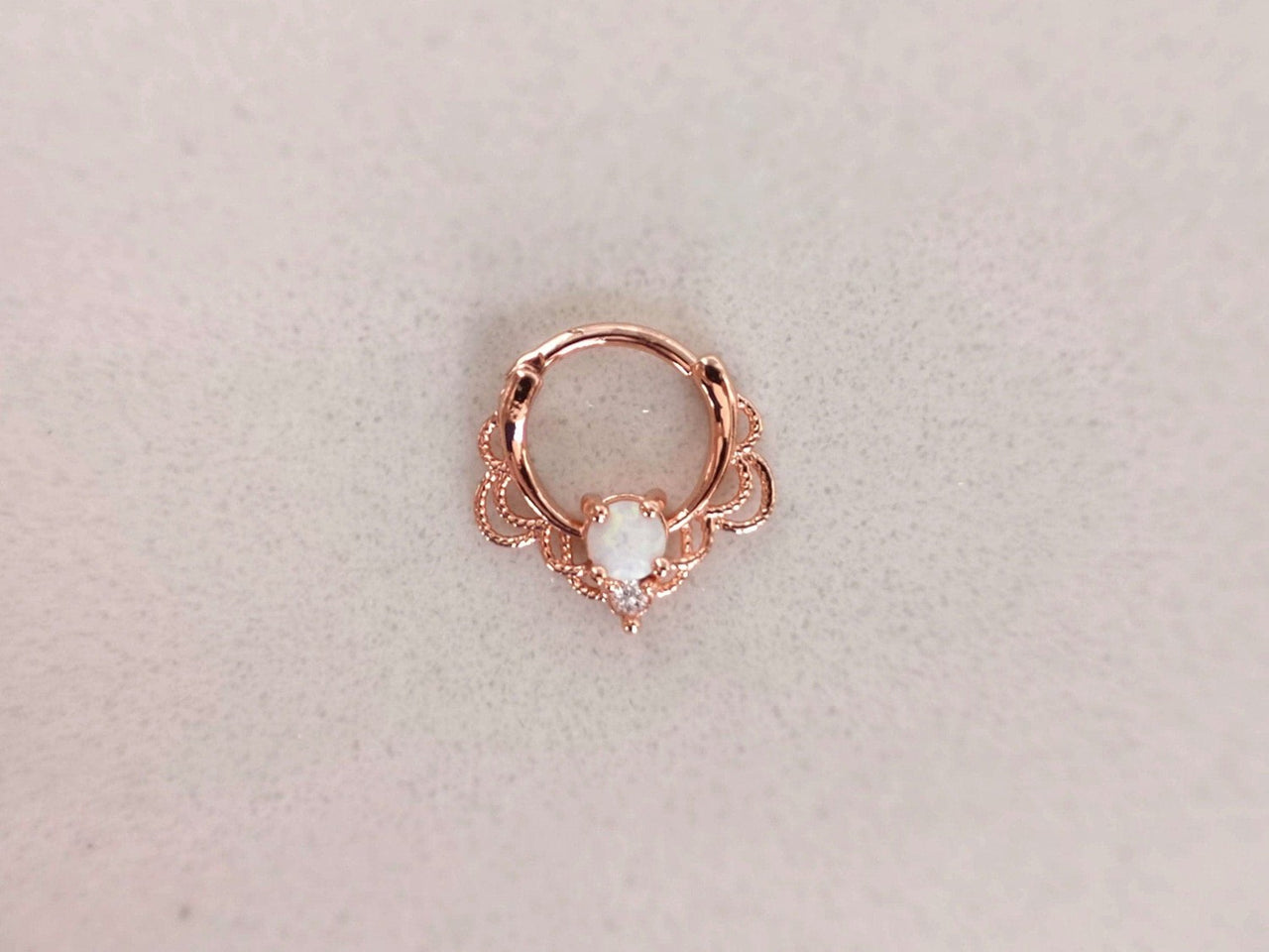 Rose Gold Lace Septum Clicker Ring with White Opal