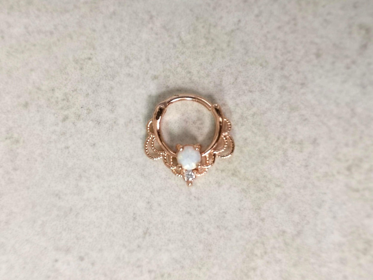 Rose Gold Lace Septum Clicker Ring with White Opal