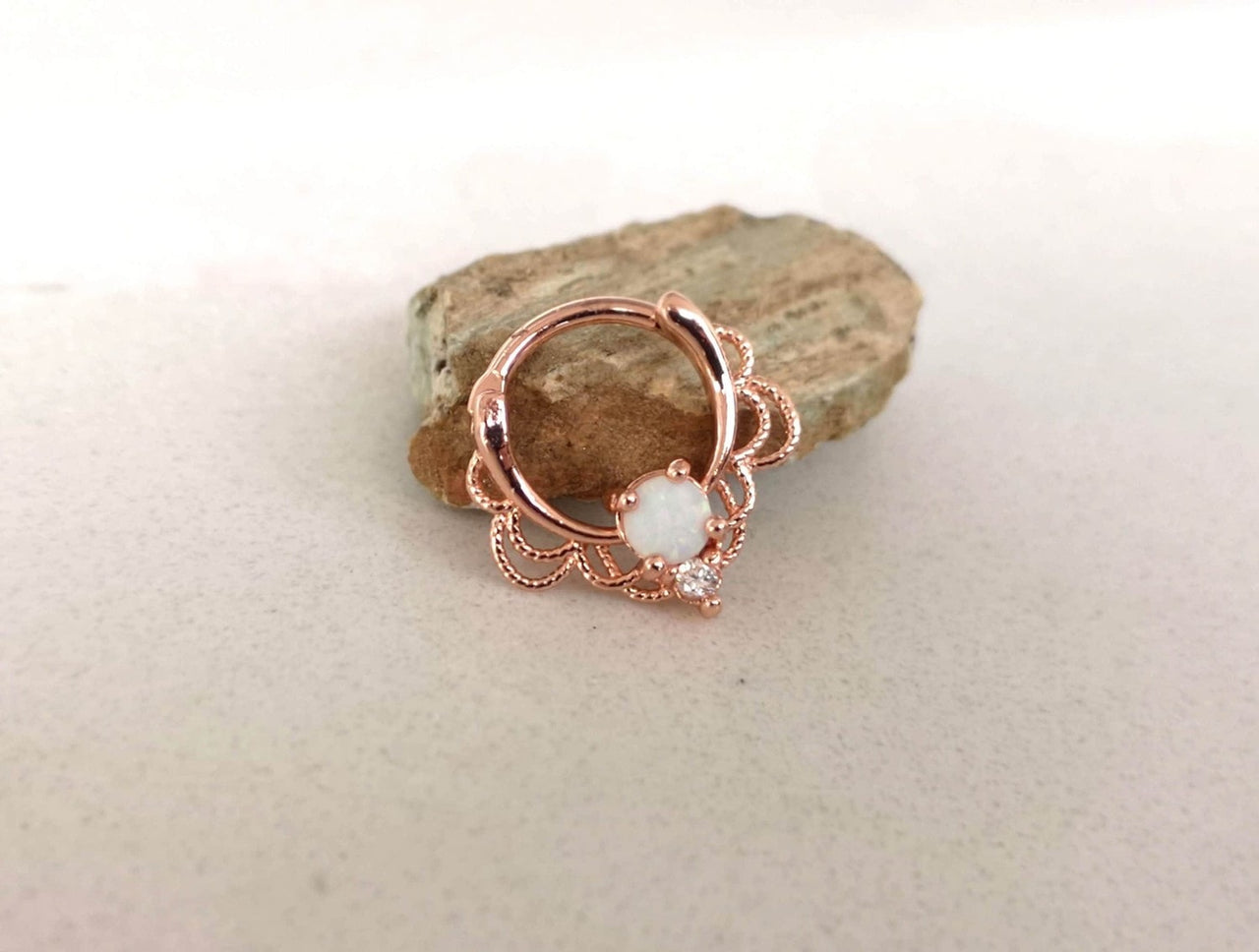 Rose Gold Lace Septum Clicker Ring with White Opal