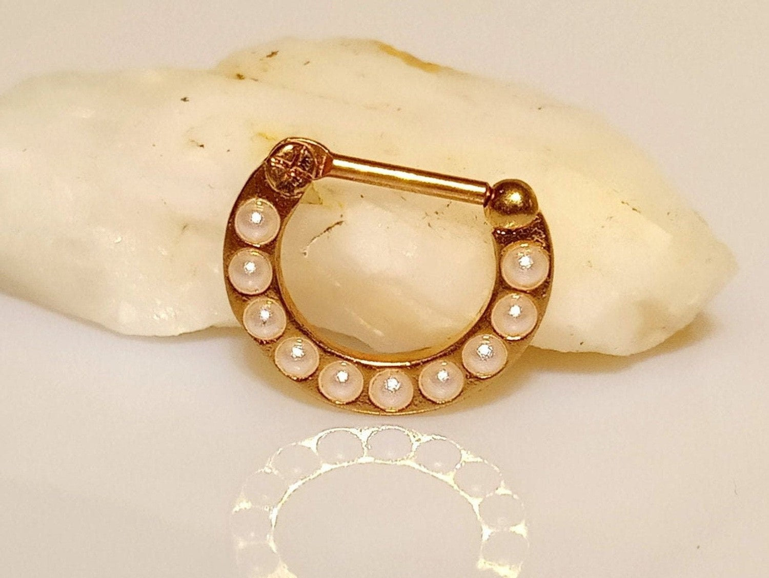 Rose Gold Septum Clicker Ring with White Pearls